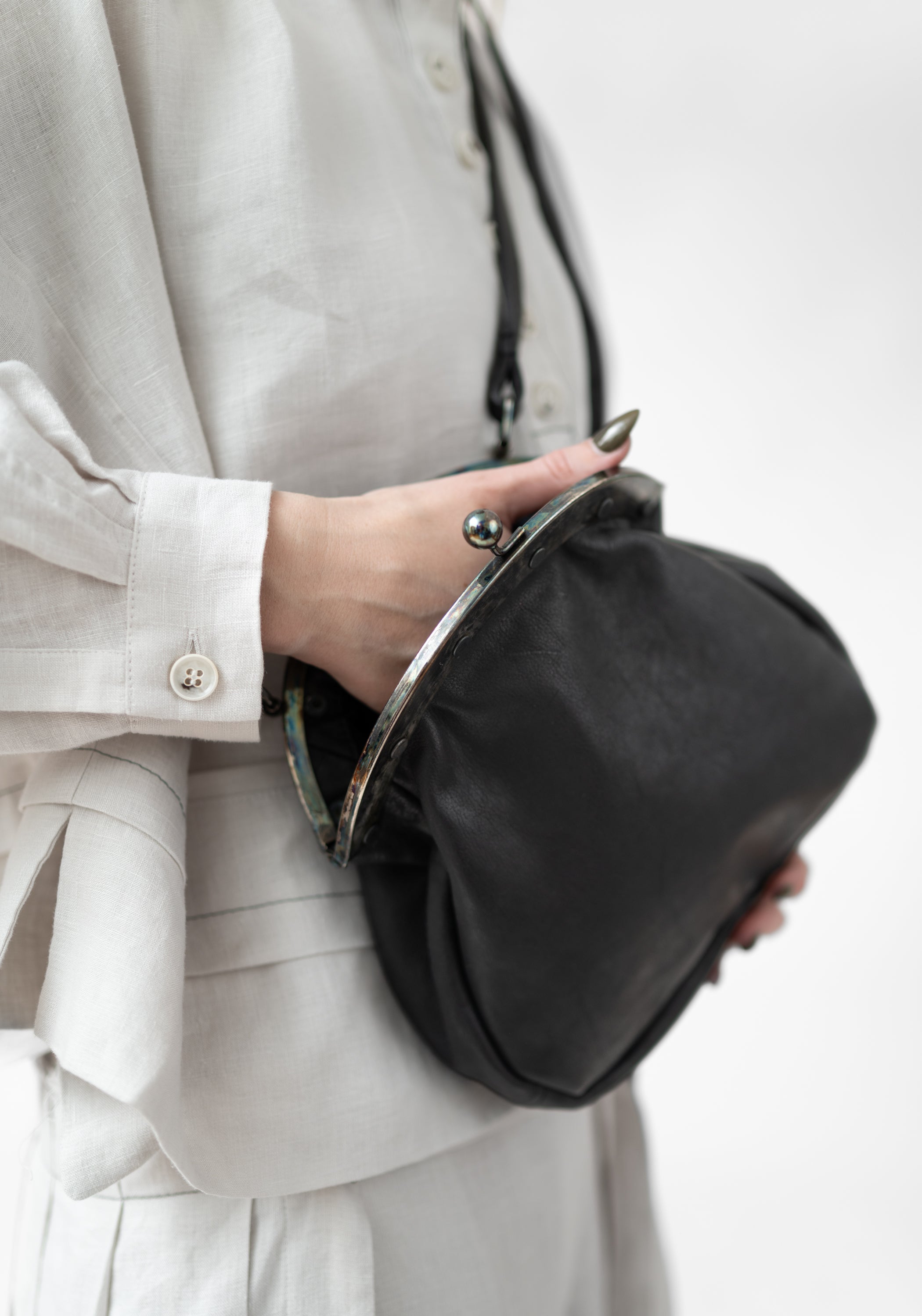 Large Pear Distressed Black Leather Bag