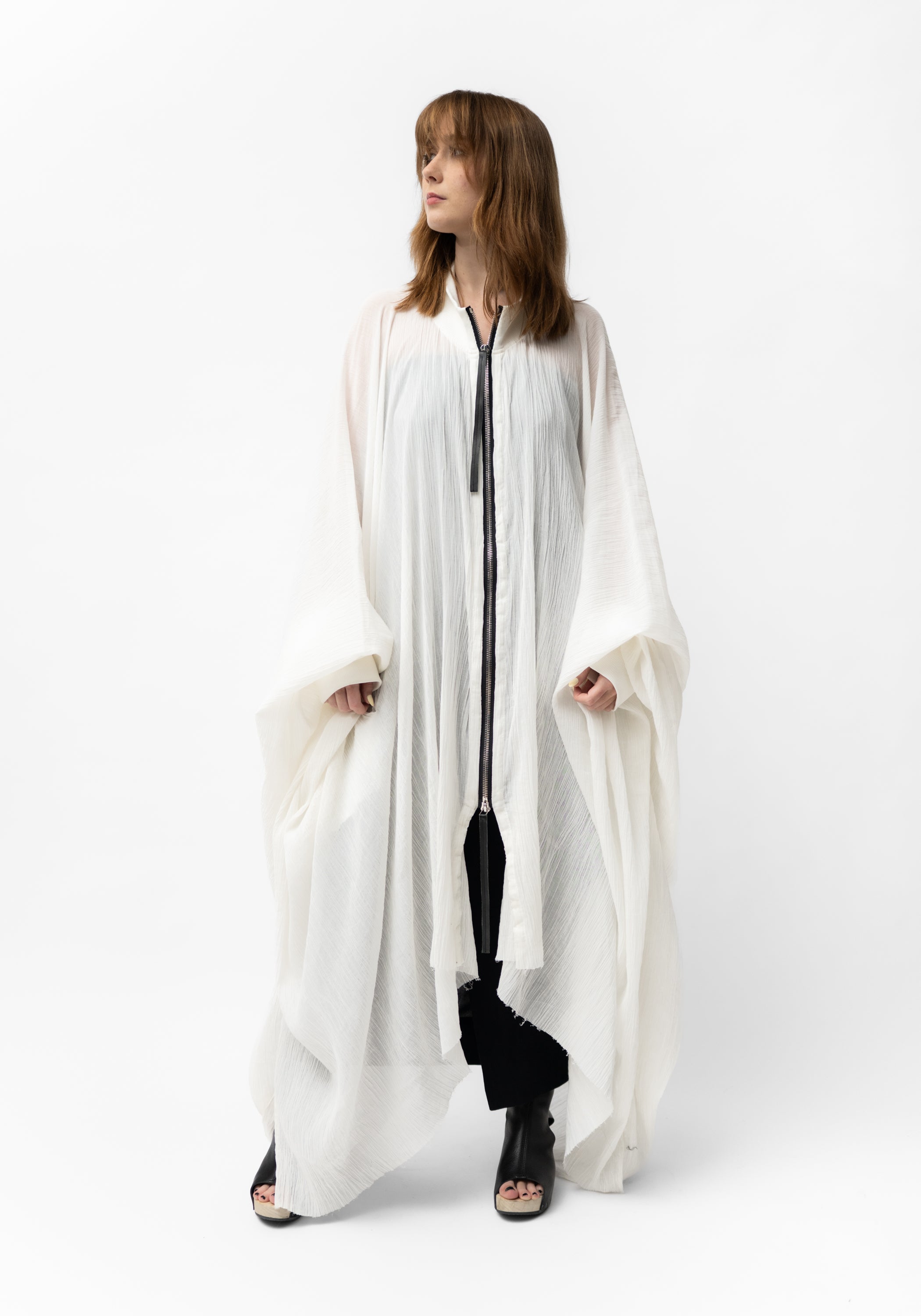 Oversized Semi-Sheer Textured Drop Shoulder Zip Front Jacket