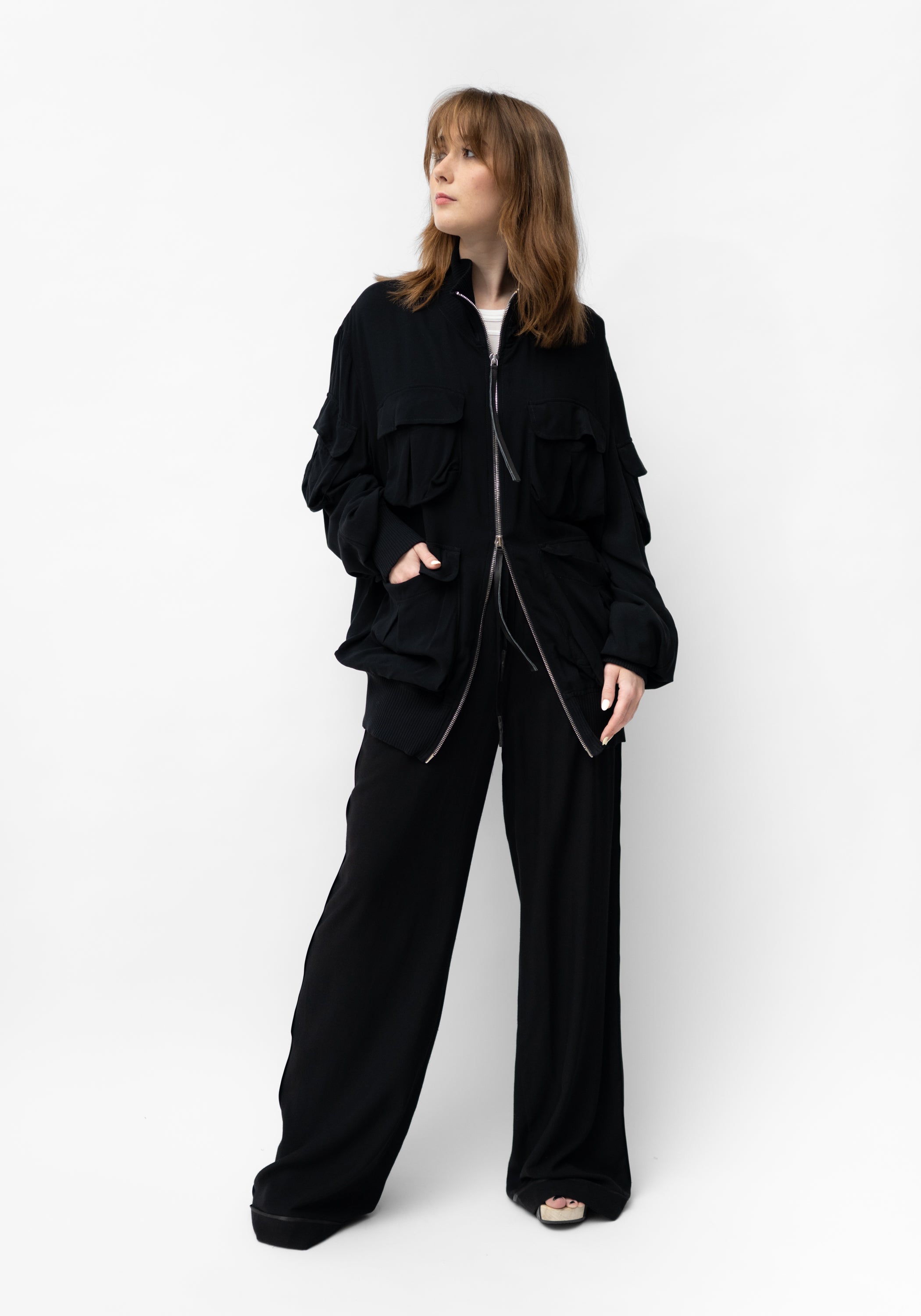 Oversized High Neck Bold Pockets Detail Bomber Jacket