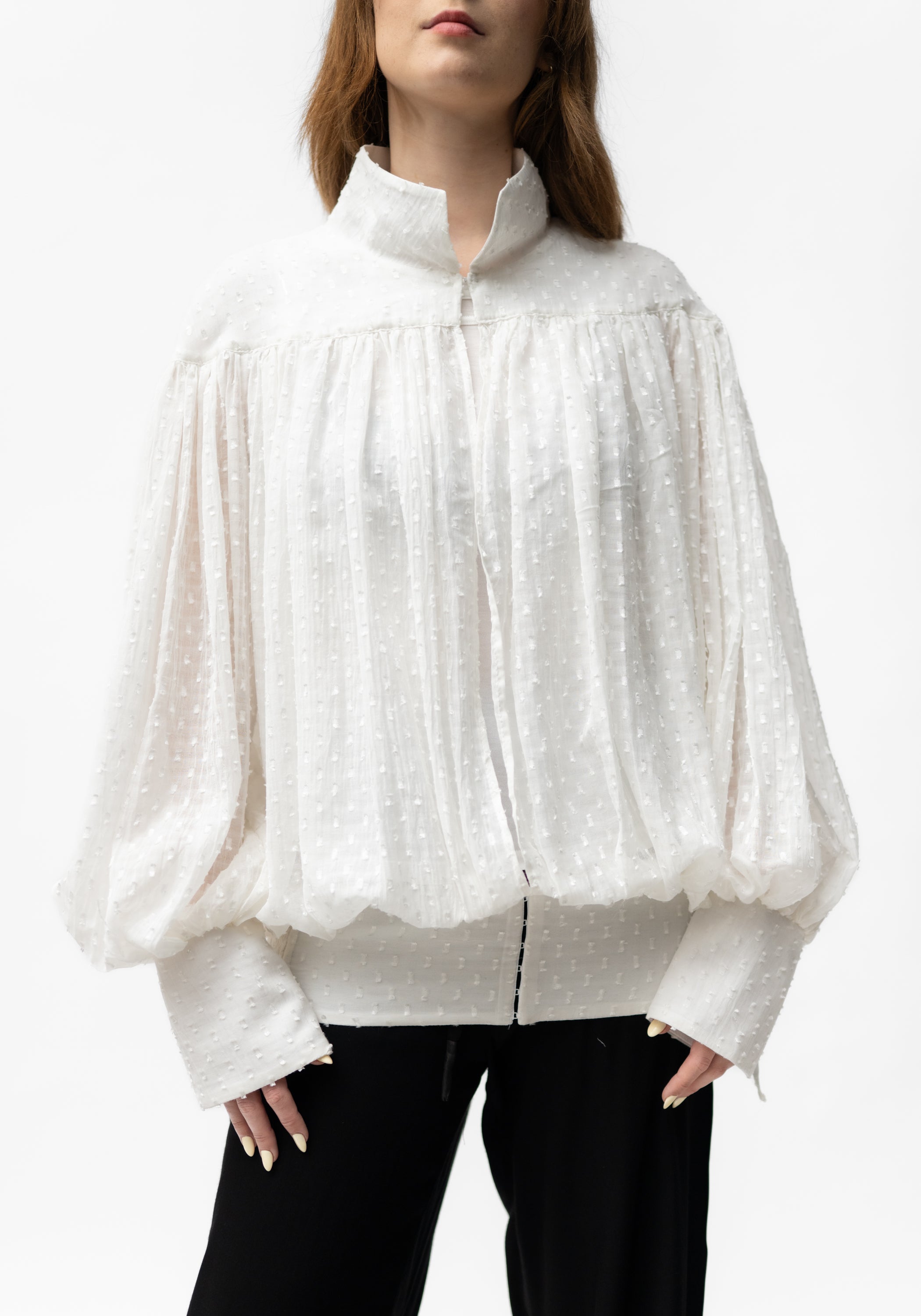 Semi-Sheer Polka Dot Puff Sleeve Blouse