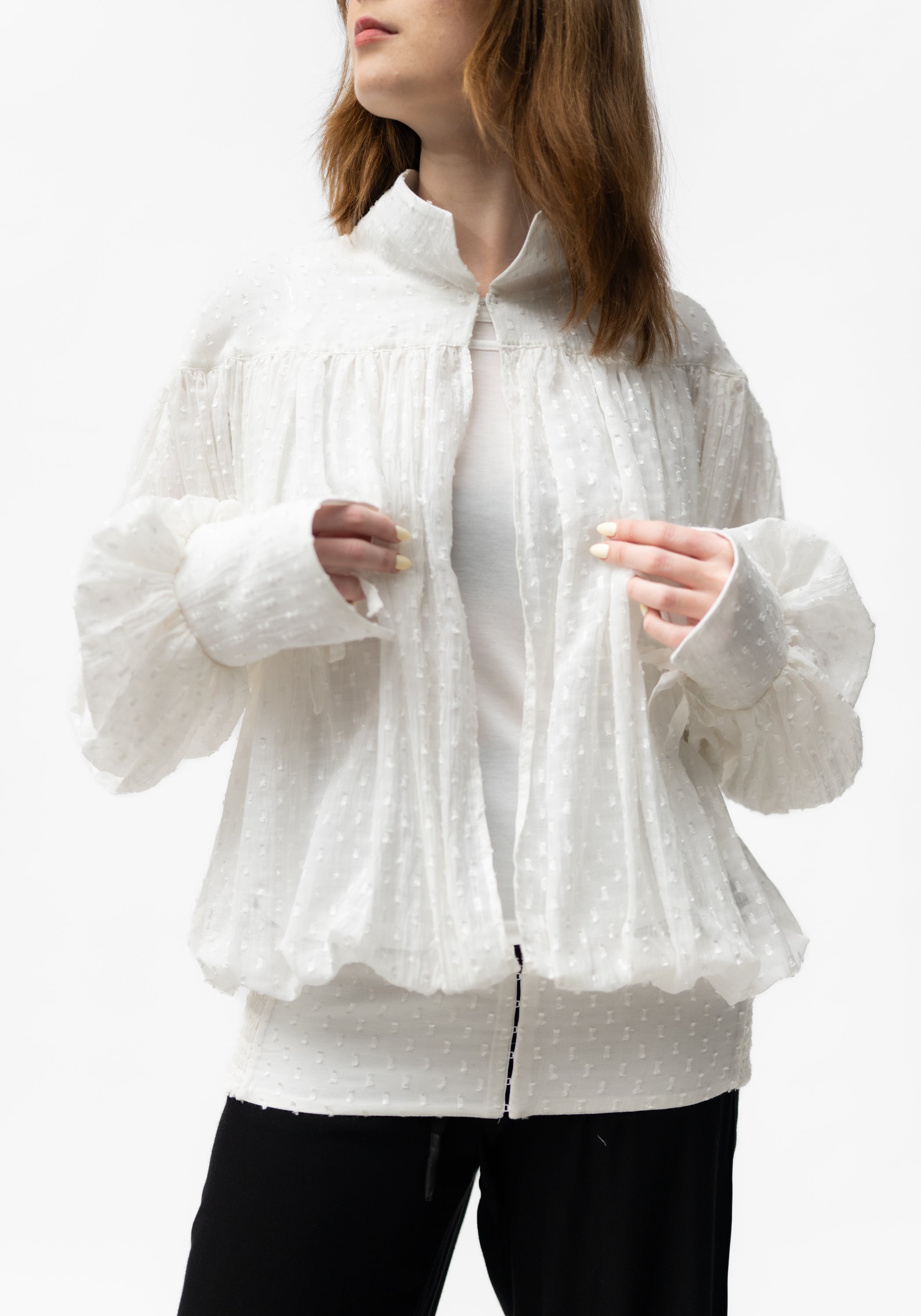 Semi-Sheer Polka Dot Puff Sleeve Blouse