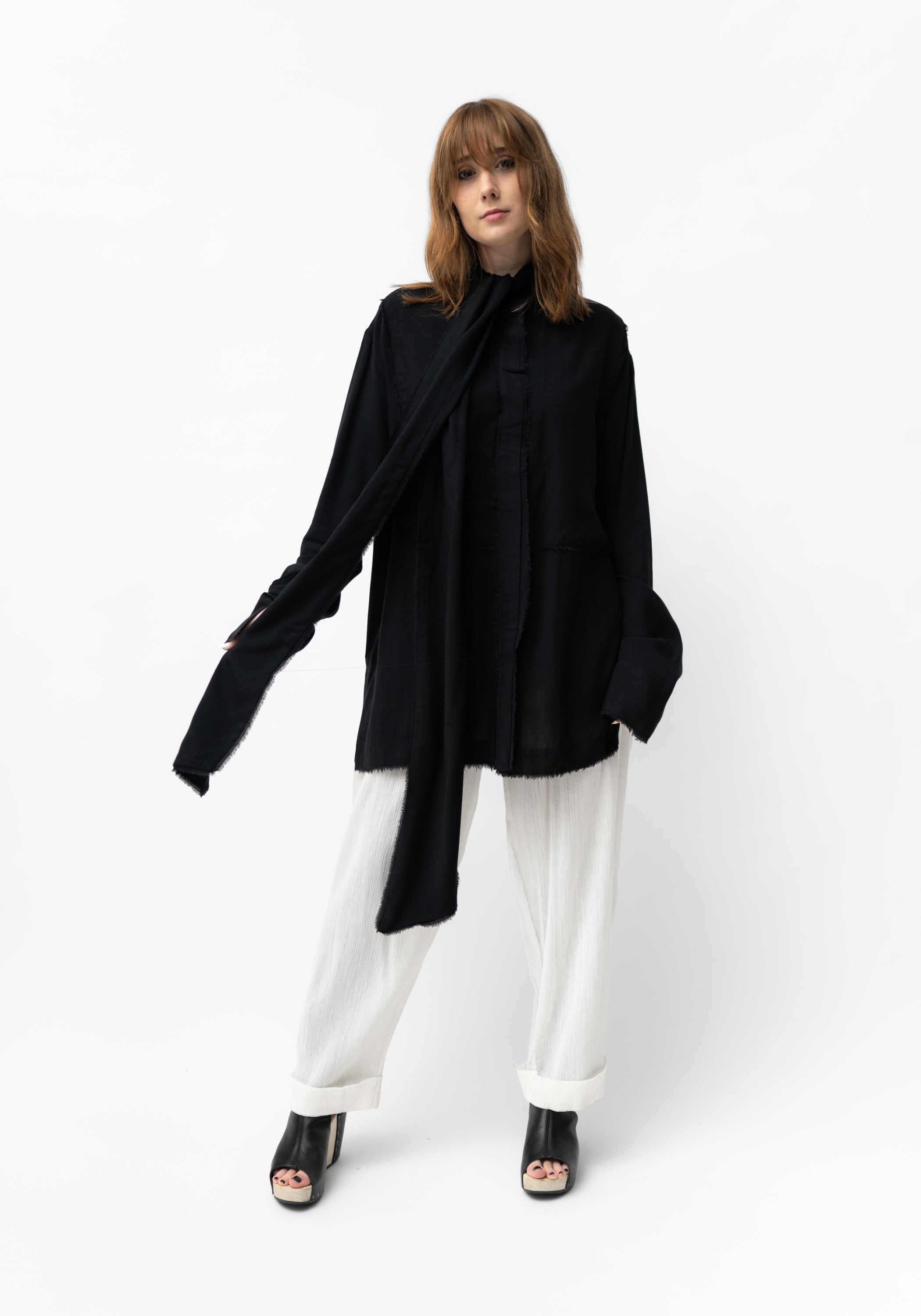 Oversized Drop Shoulder Tie Neck Blouse