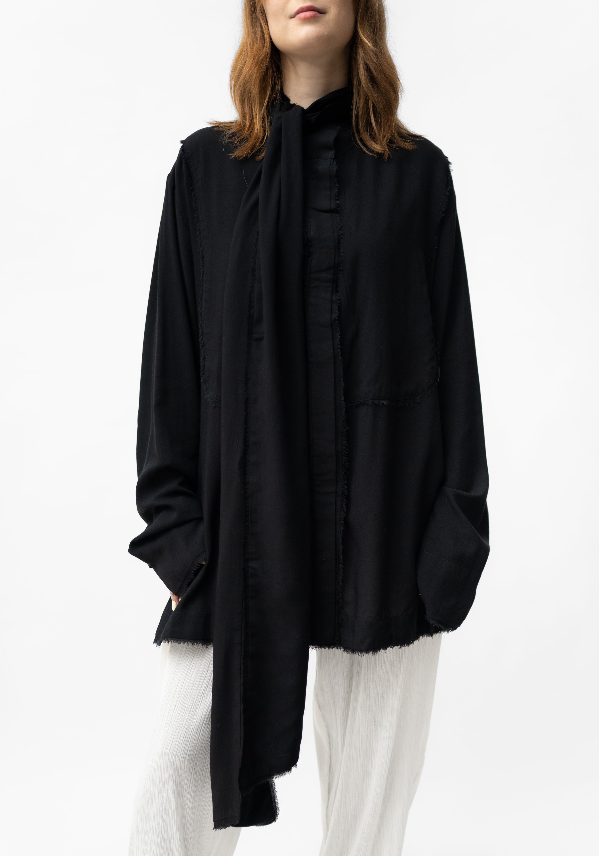 Oversized Drop Shoulder Tie Neck Blouse