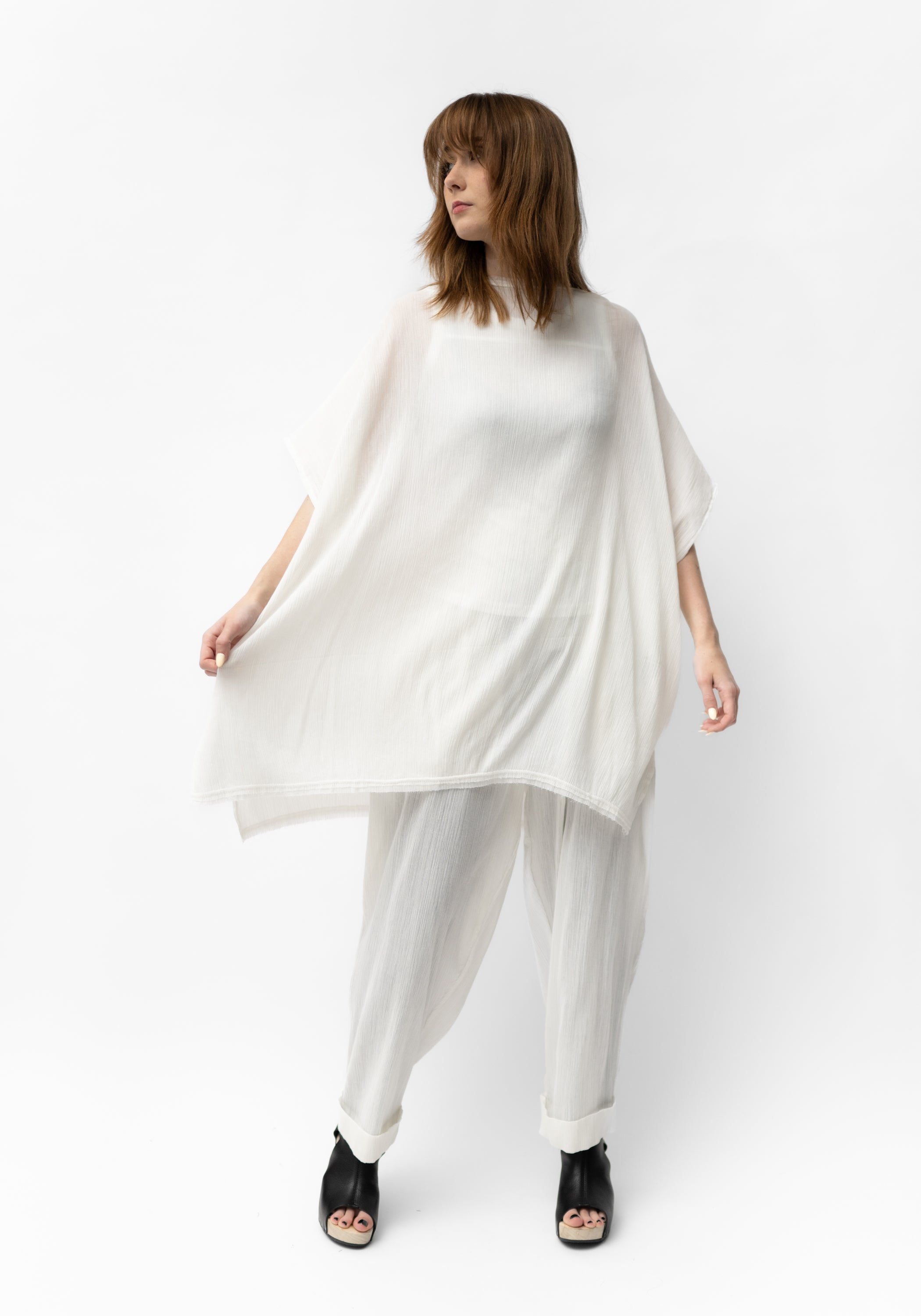 Oversized Semi-Sheer Textured Drop Shoulder Top