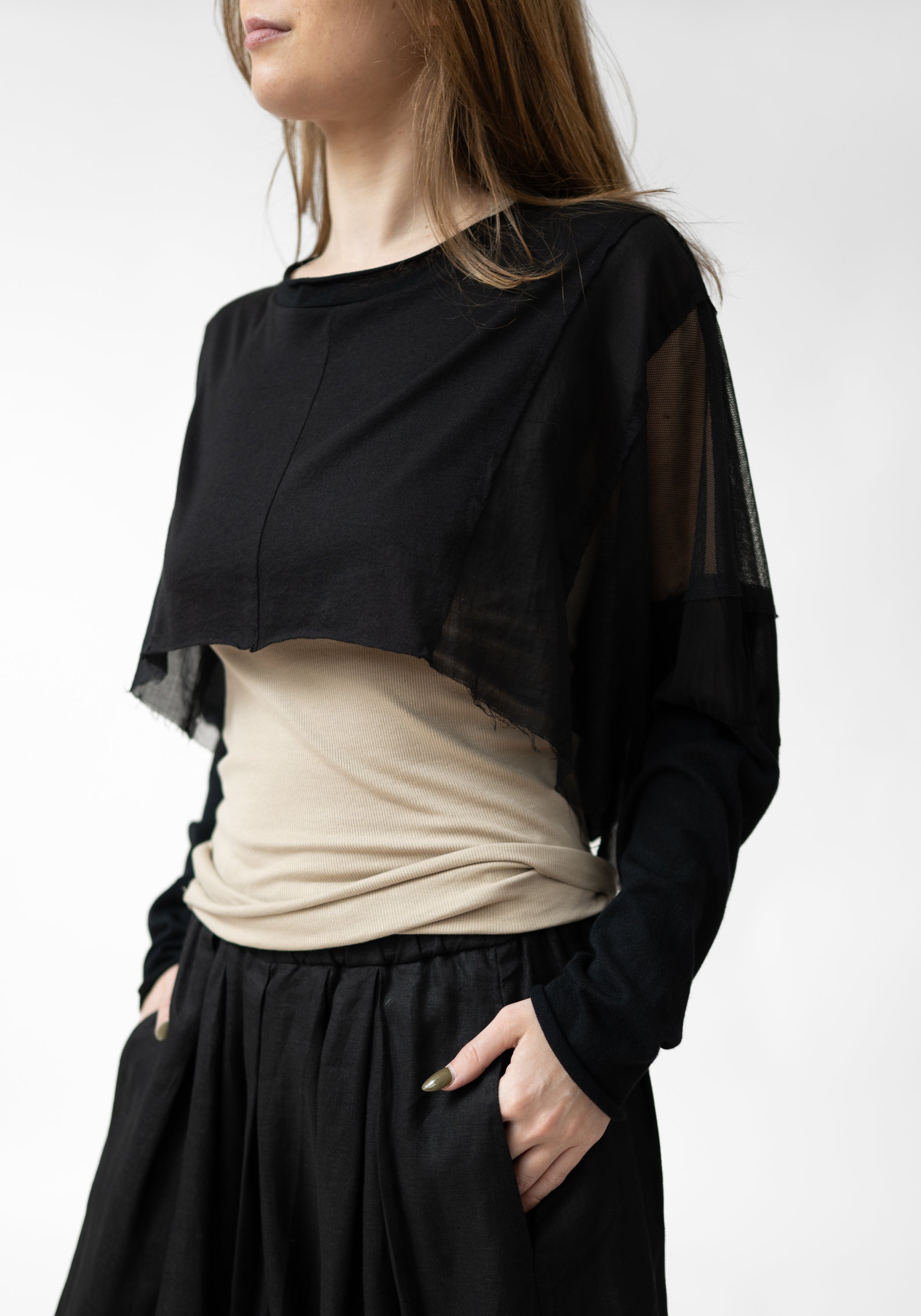 Agila Cropped Paneled Knit and Mesh Details Top