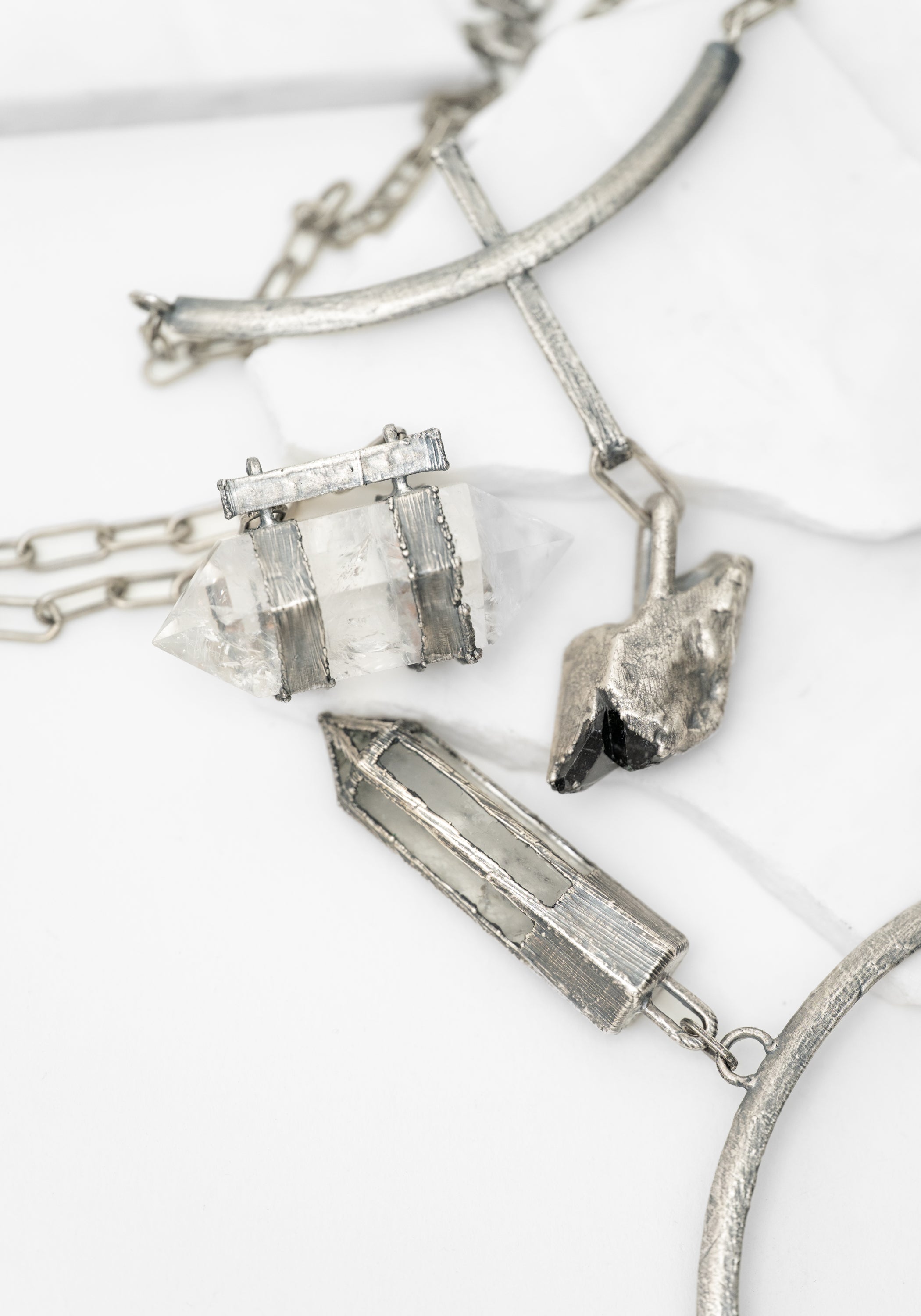 Sterling Silver Plated Copper and Dual Quartz Point Necklace