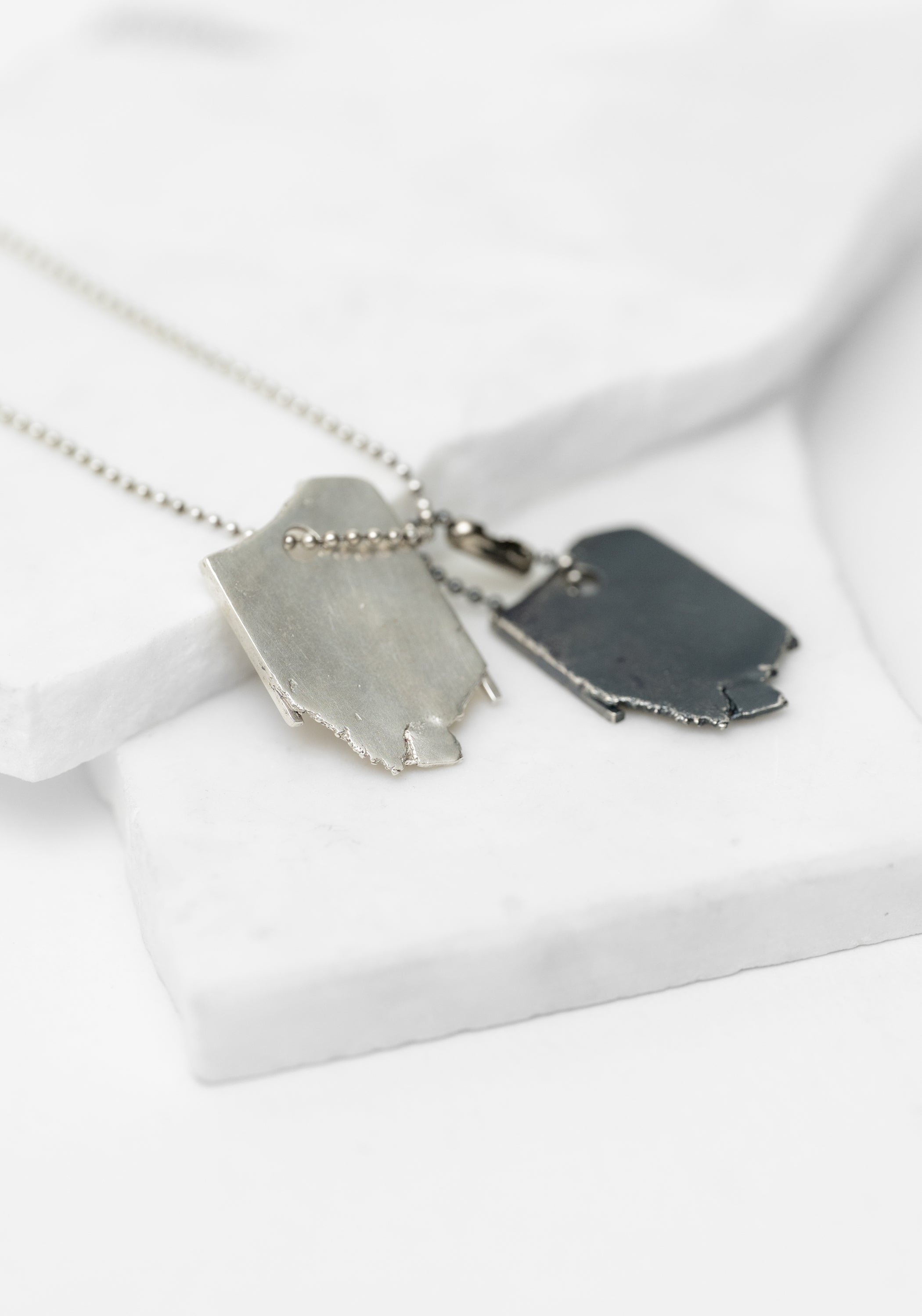 Sterling Silver and Oxidized Sterling Silver Torn Edge Tag Pendants Necklace