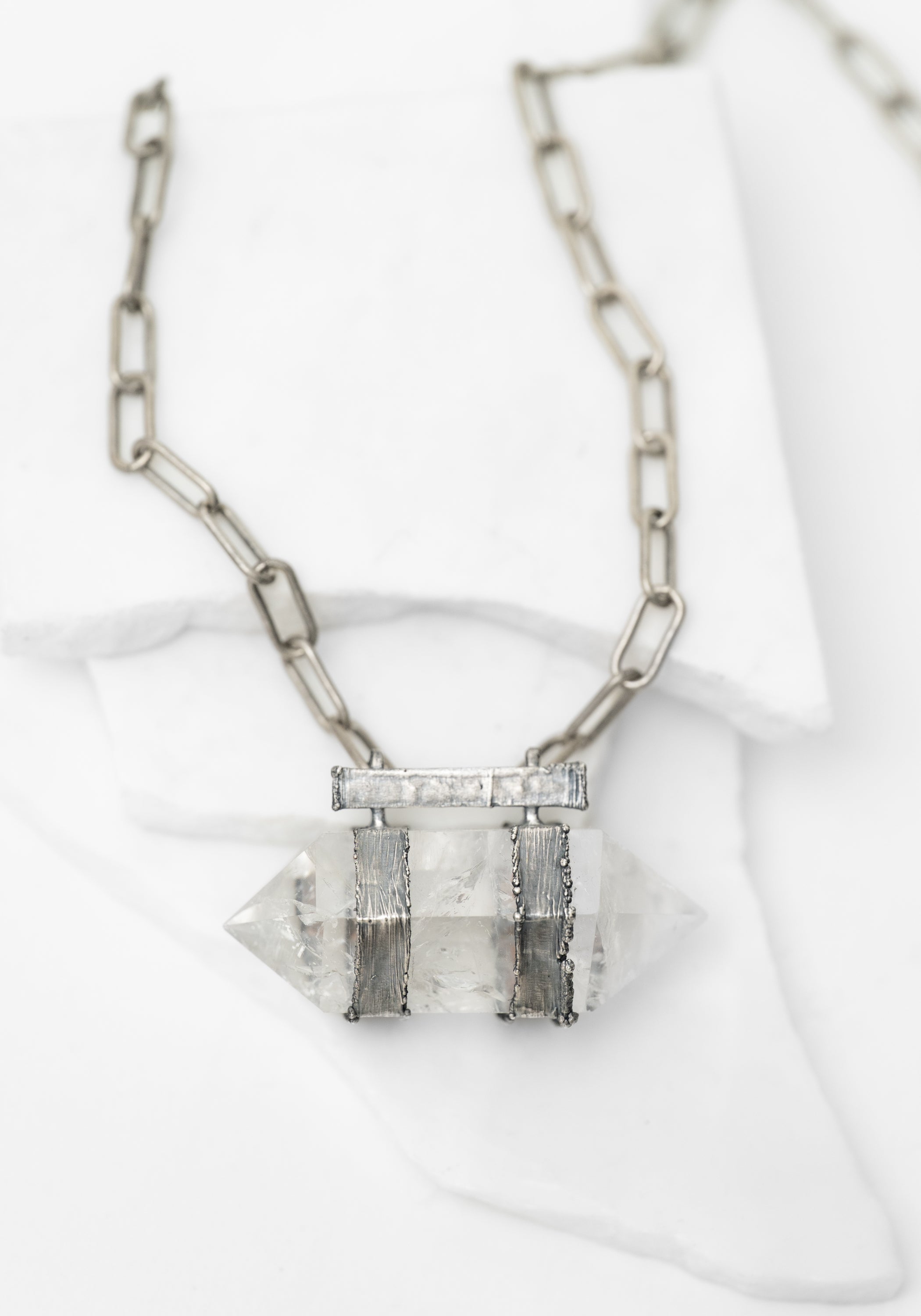 Sterling Silver Plated Copper and Dual Quartz Point Necklace