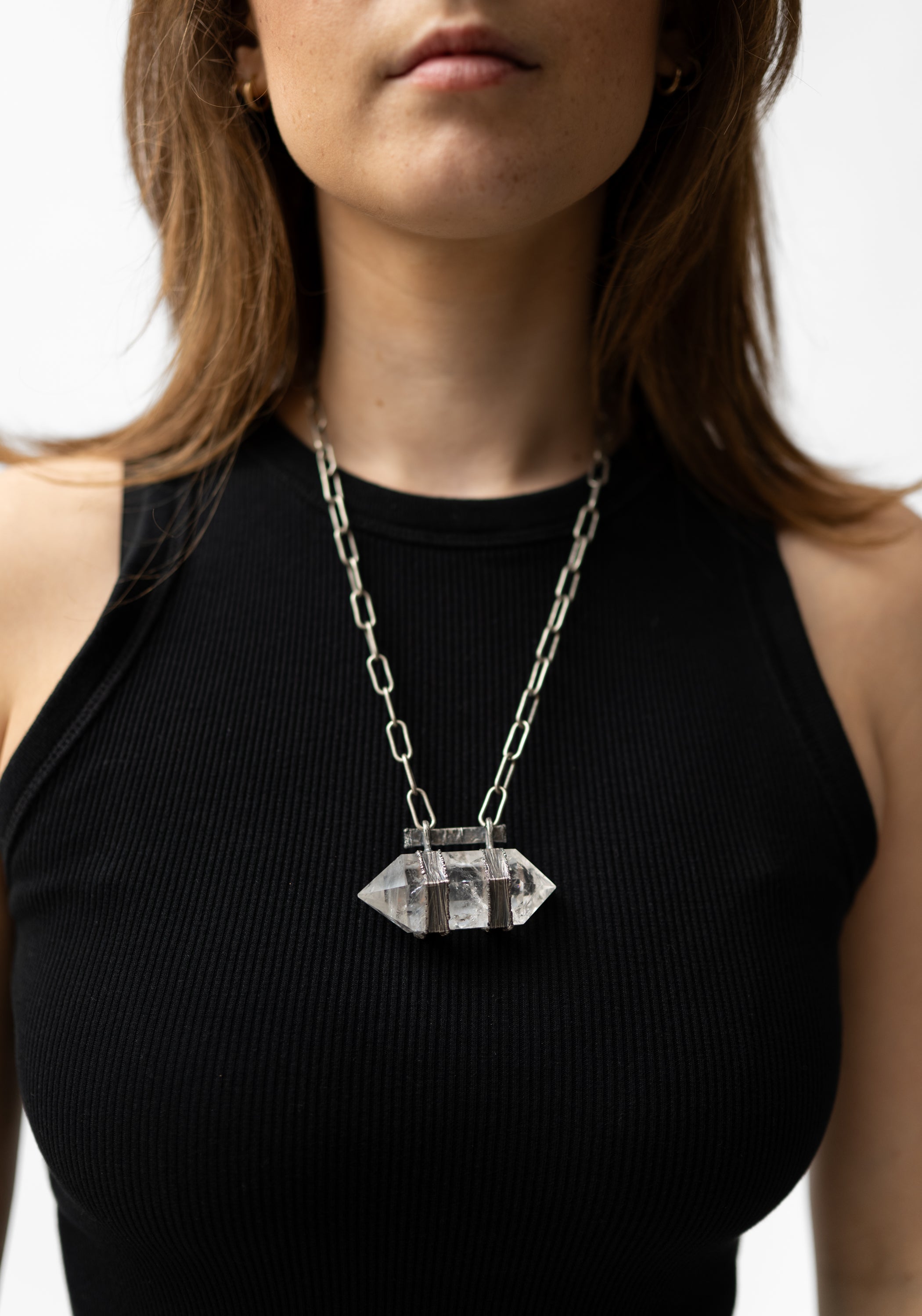Sterling Silver Plated Copper and Dual Quartz Point Necklace