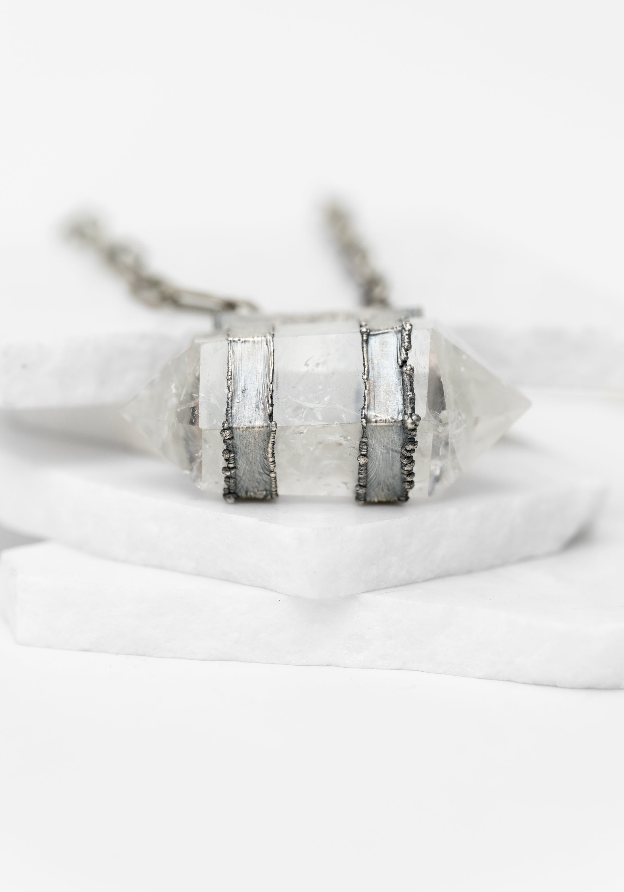 Sterling Silver Plated Copper and Dual Quartz Point Necklace