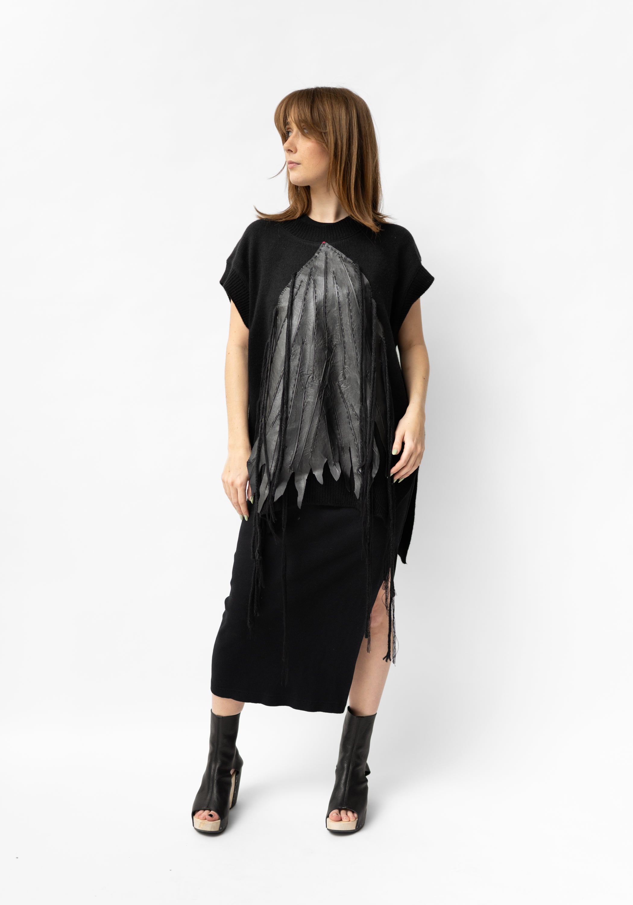 Yama Hand Embroidered Leather Detail Cropped Sleeve Knit Top