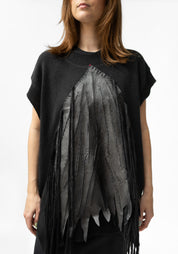 Yama Hand Embroidered Leather Detail Cropped Sleeve Knit Top