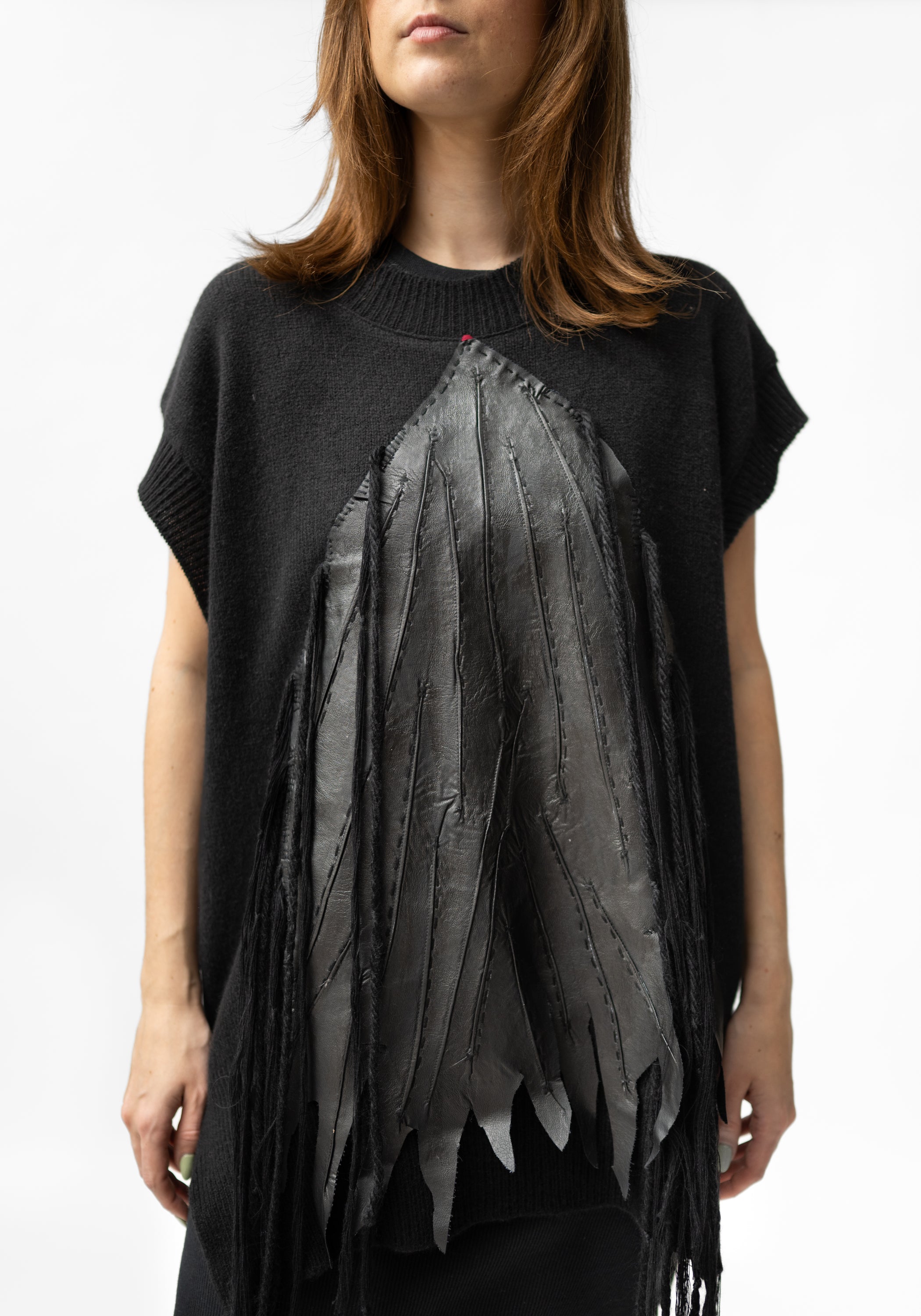 Yama Hand Embroidered Leather Detail Cropped Sleeve Knit Top
