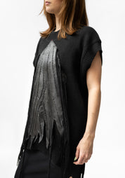 Yama Hand Embroidered Leather Detail Cropped Sleeve Knit Top