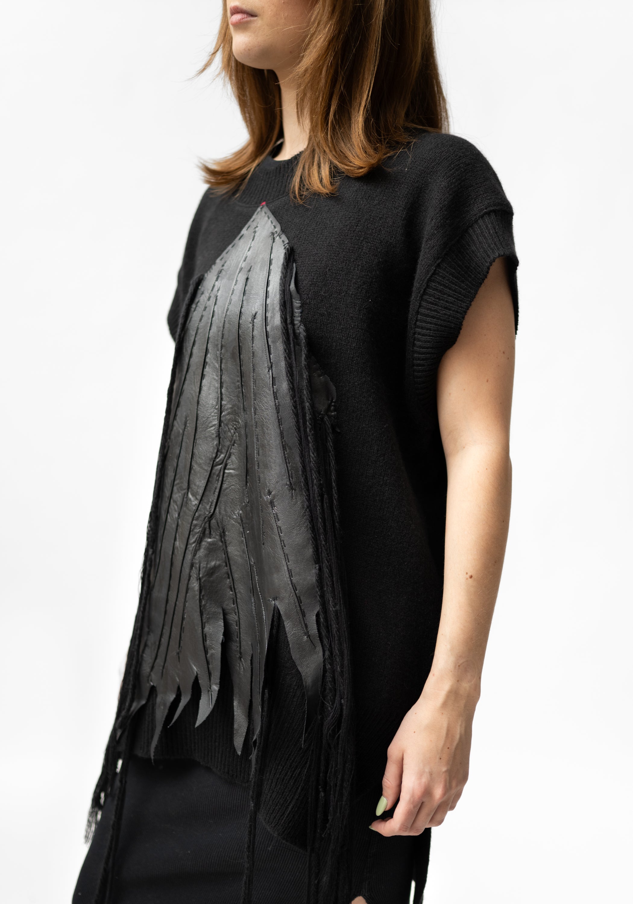 Yama Hand Embroidered Leather Detail Cropped Sleeve Knit Top