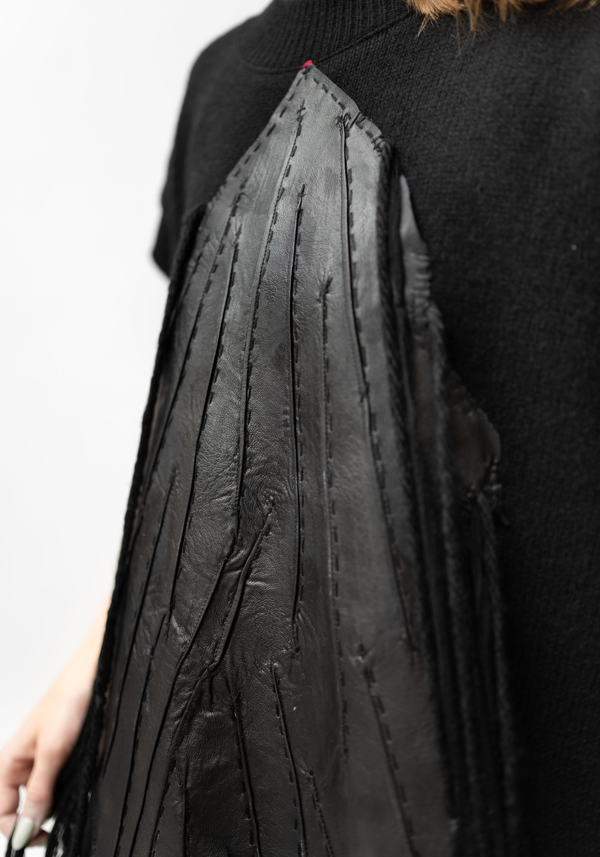 Yama Hand Embroidered Leather Detail Cropped Sleeve Knit Top