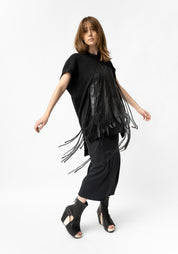 Yama Hand Embroidered Leather Detail Cropped Sleeve Knit Top