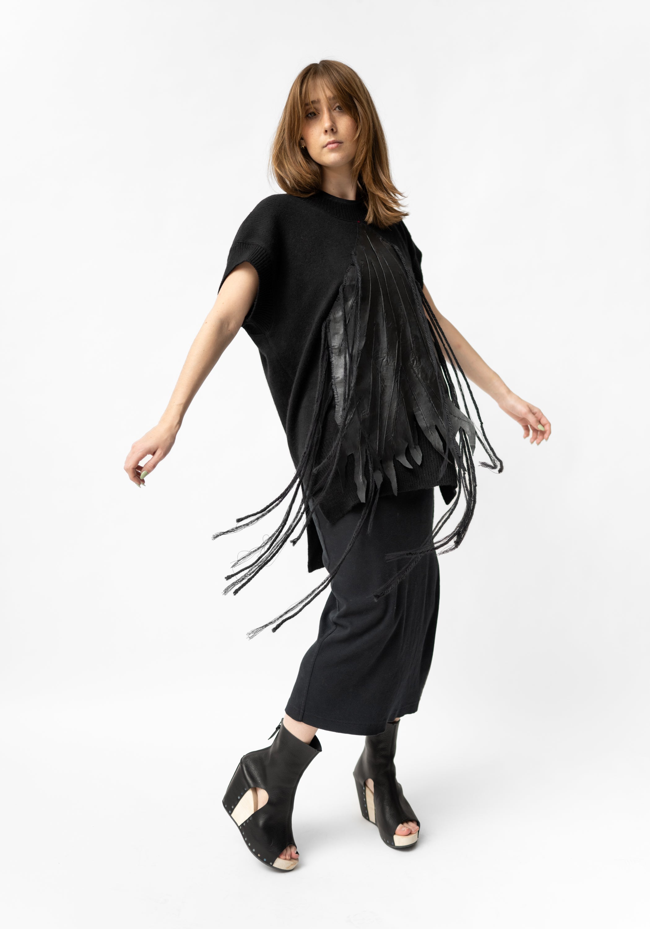 Yama Hand Embroidered Leather Detail Cropped Sleeve Knit Top