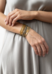 Wide 24kt Gold Plated Pyrite, Pearl and Garnet Layered Bracelet