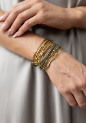 Wide 24kt Gold Plated Pyrite, Pearl and Garnet Layered Bracelet