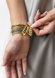Wide 24kt Gold Plated Pyrite, Pearl and Garnet Layered Bracelet