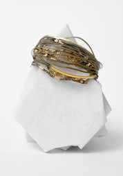Wide 24kt Gold Plated Pyrite, Pearl and Garnet Layered Bracelet