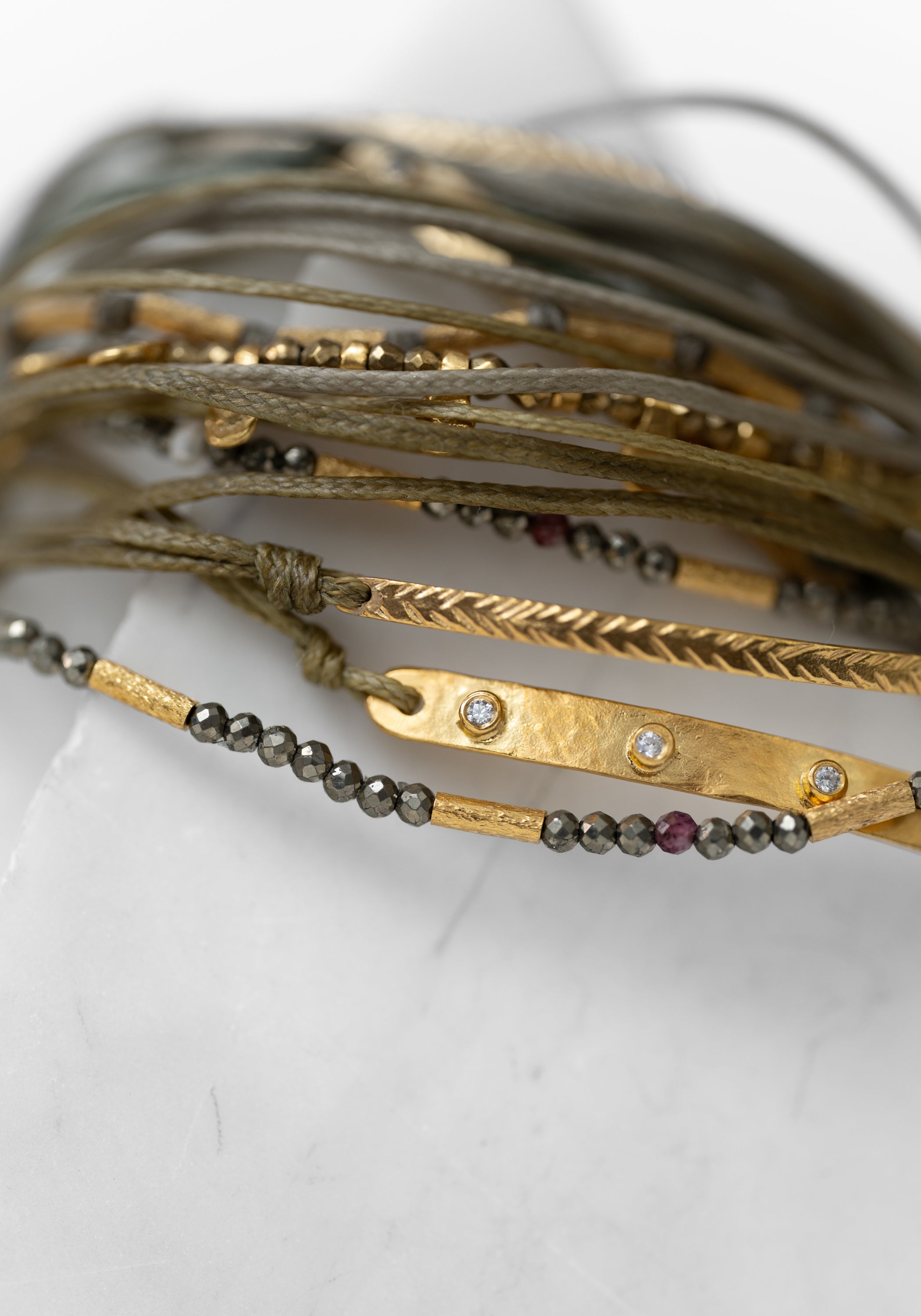 Wide 24kt Gold Plated Pyrite, Pearl and Garnet Layered Bracelet