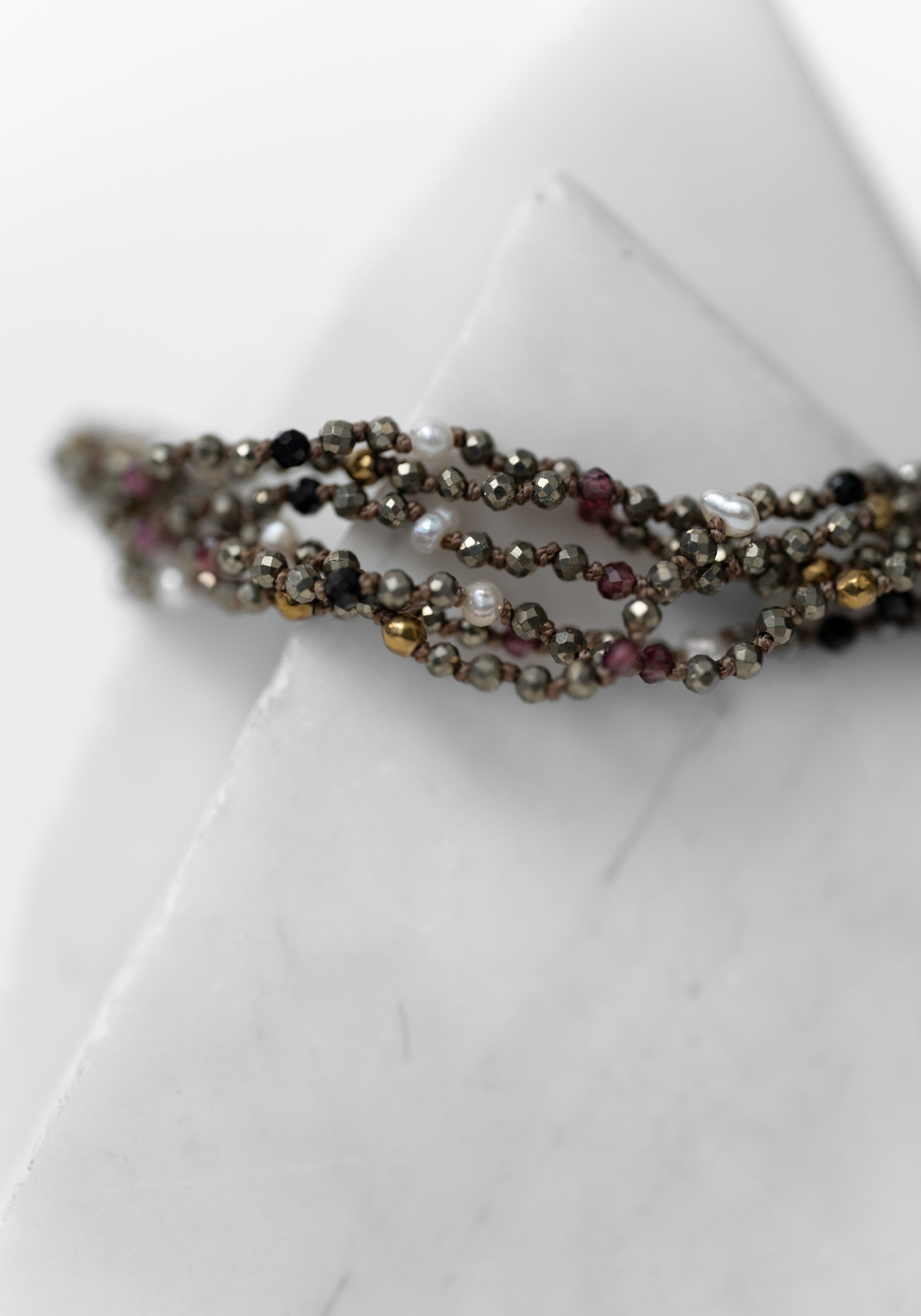 24kt Gold Plated Pyrite, Garnet, Pearl and Onyx Layered Bracelet
