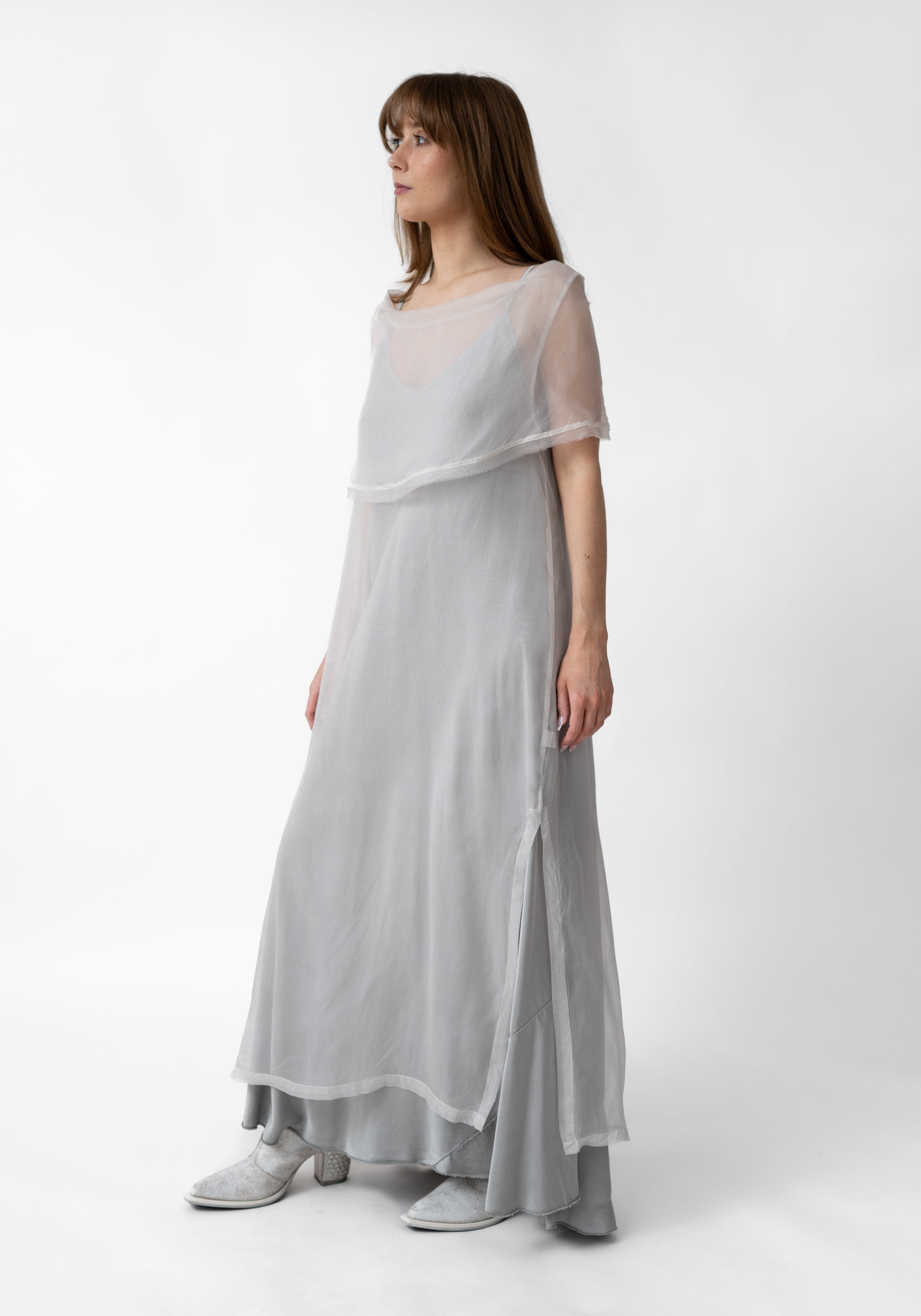 Sheer Organza Draped Neck Dress