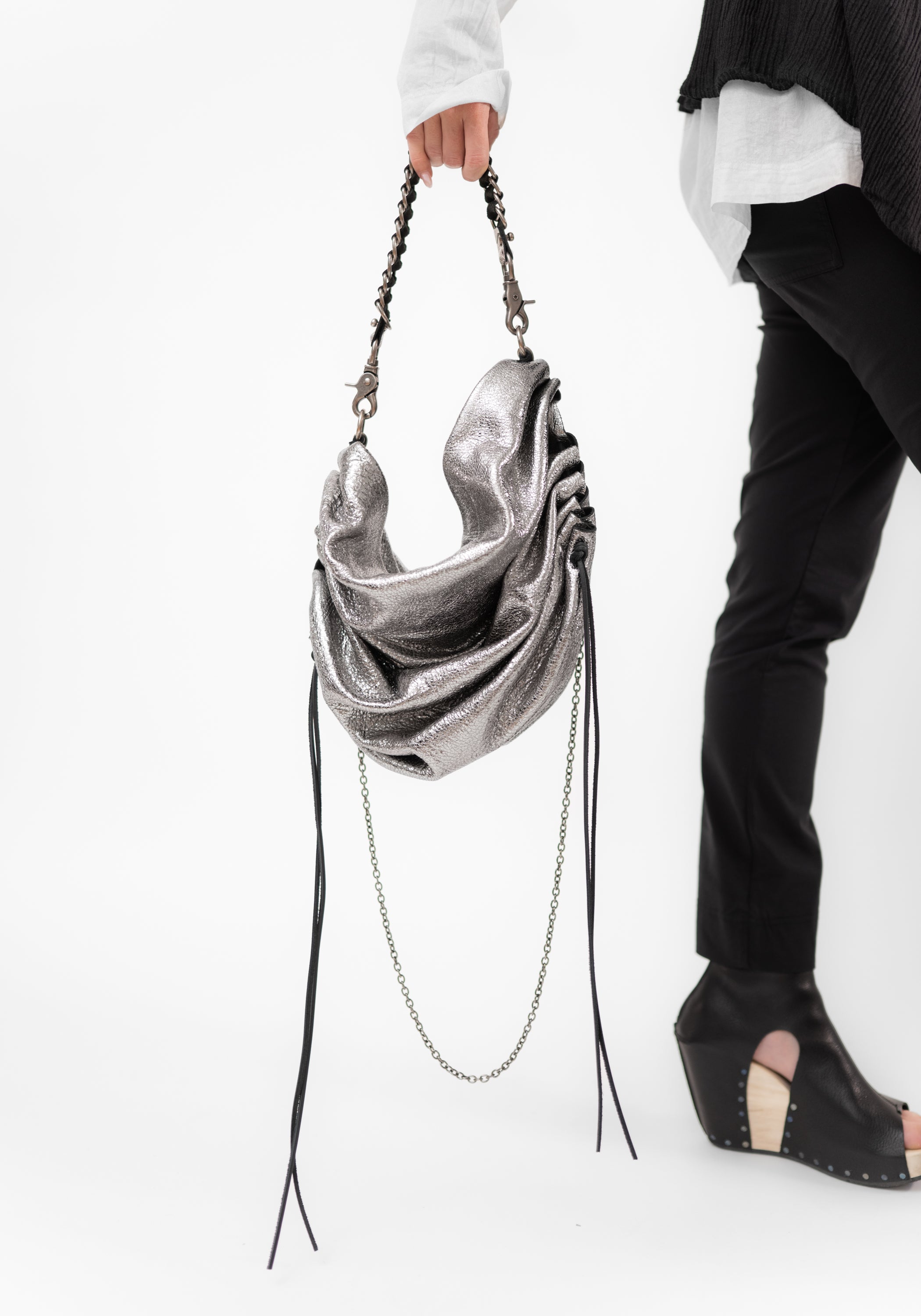 Large Pewter Leather Money Bag
