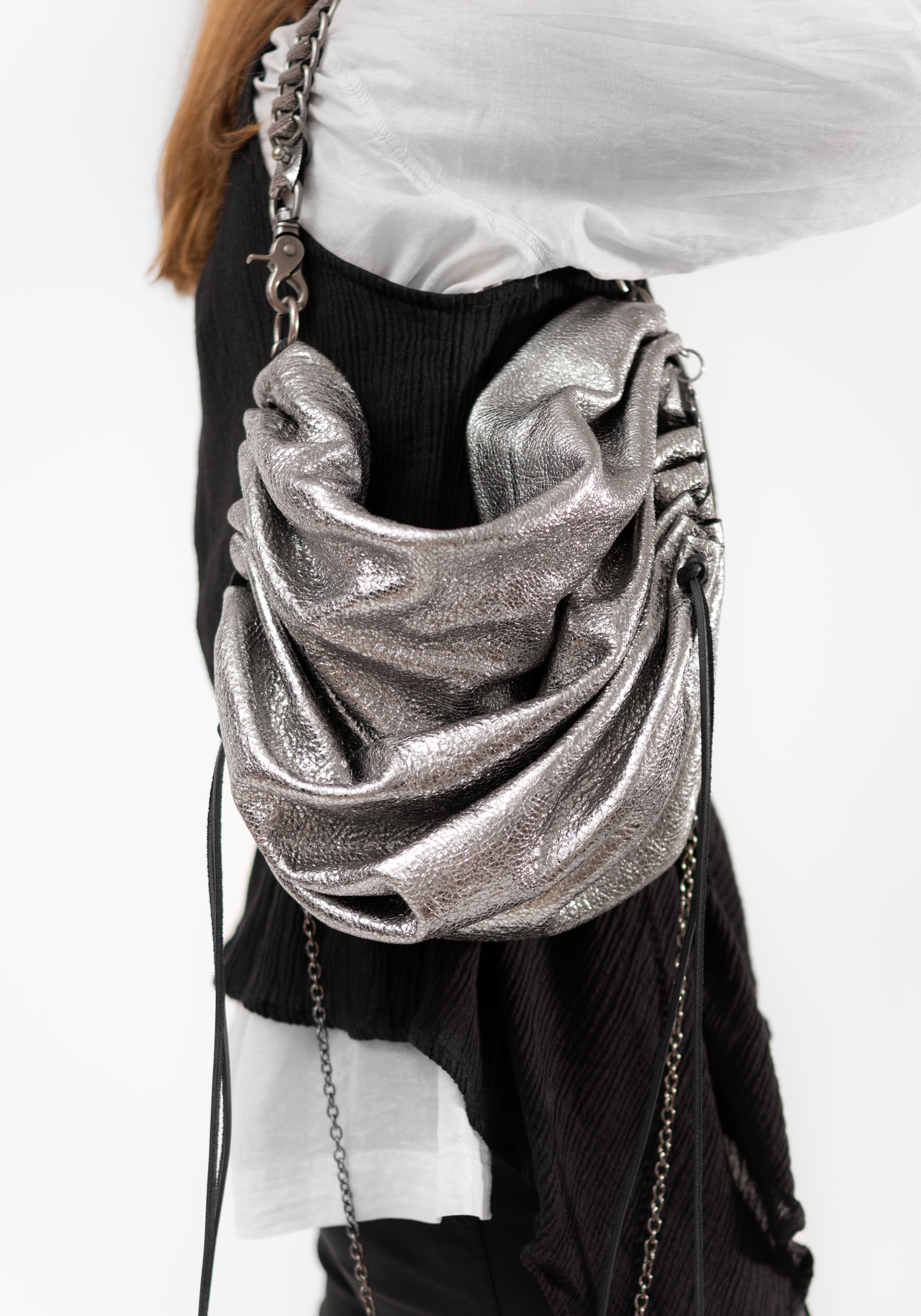 Large Pewter Leather Money Bag