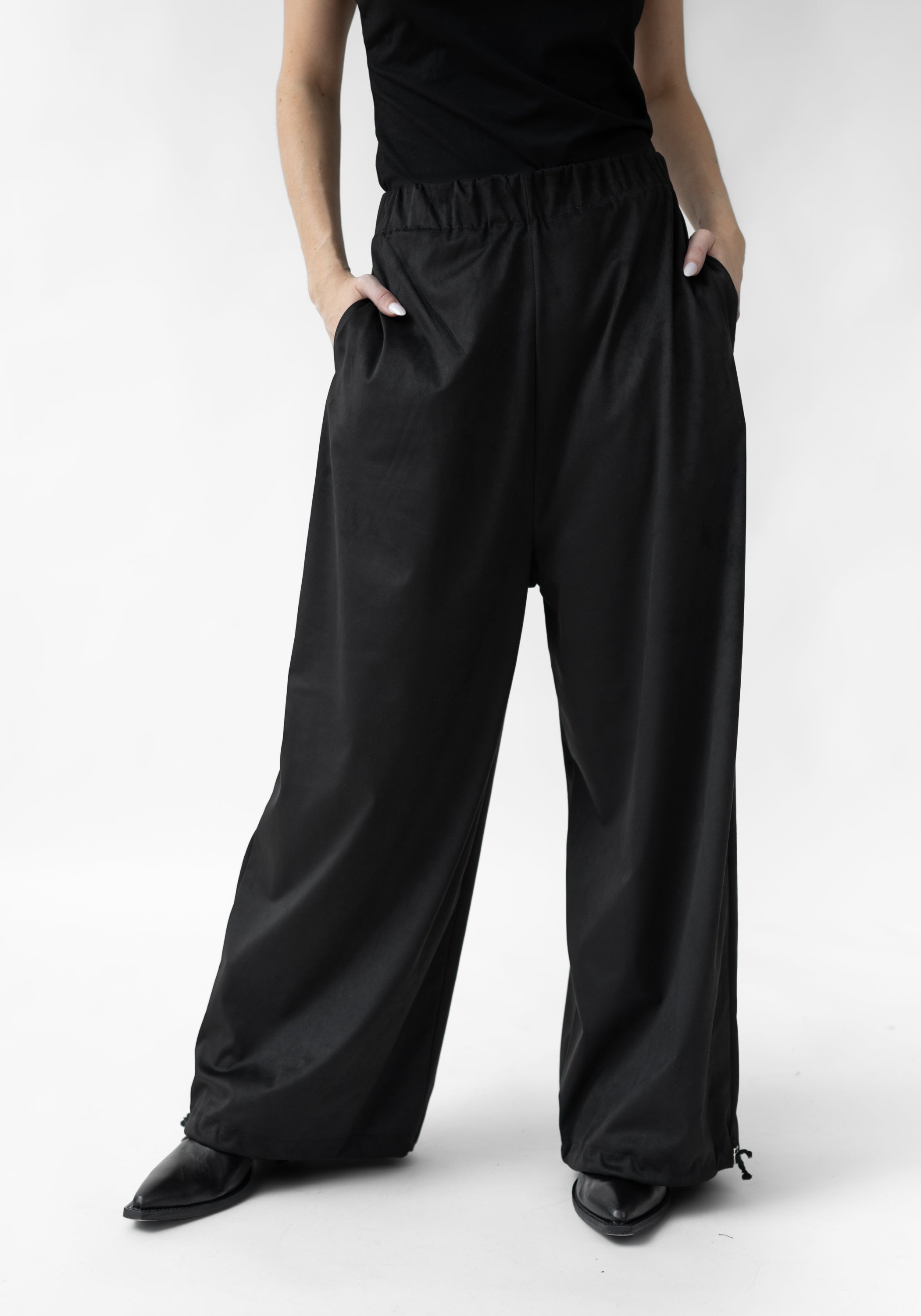 Toggle Detail Faux Suede Drop Seat Pants