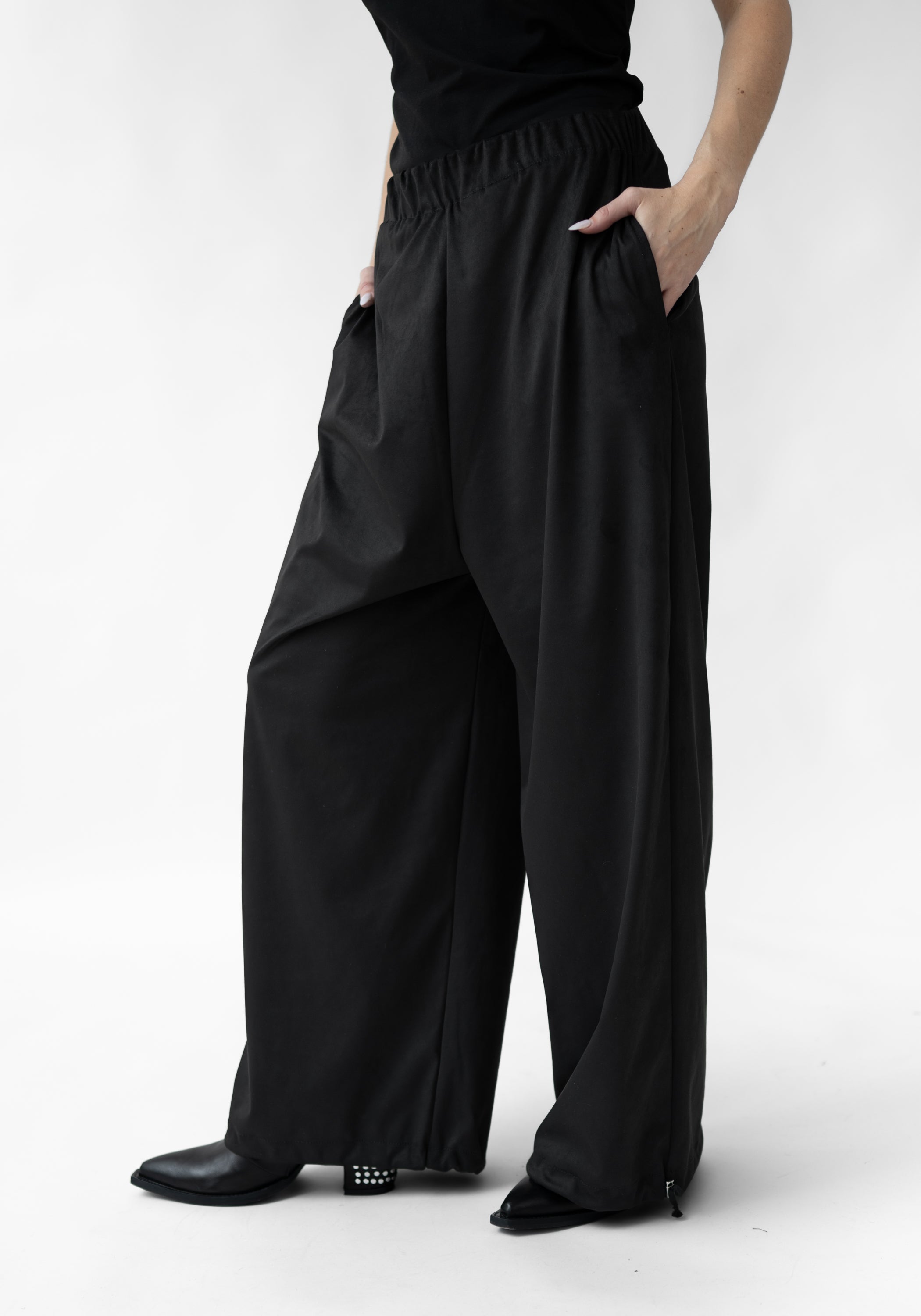 Toggle Detail Faux Suede Drop Seat Pants