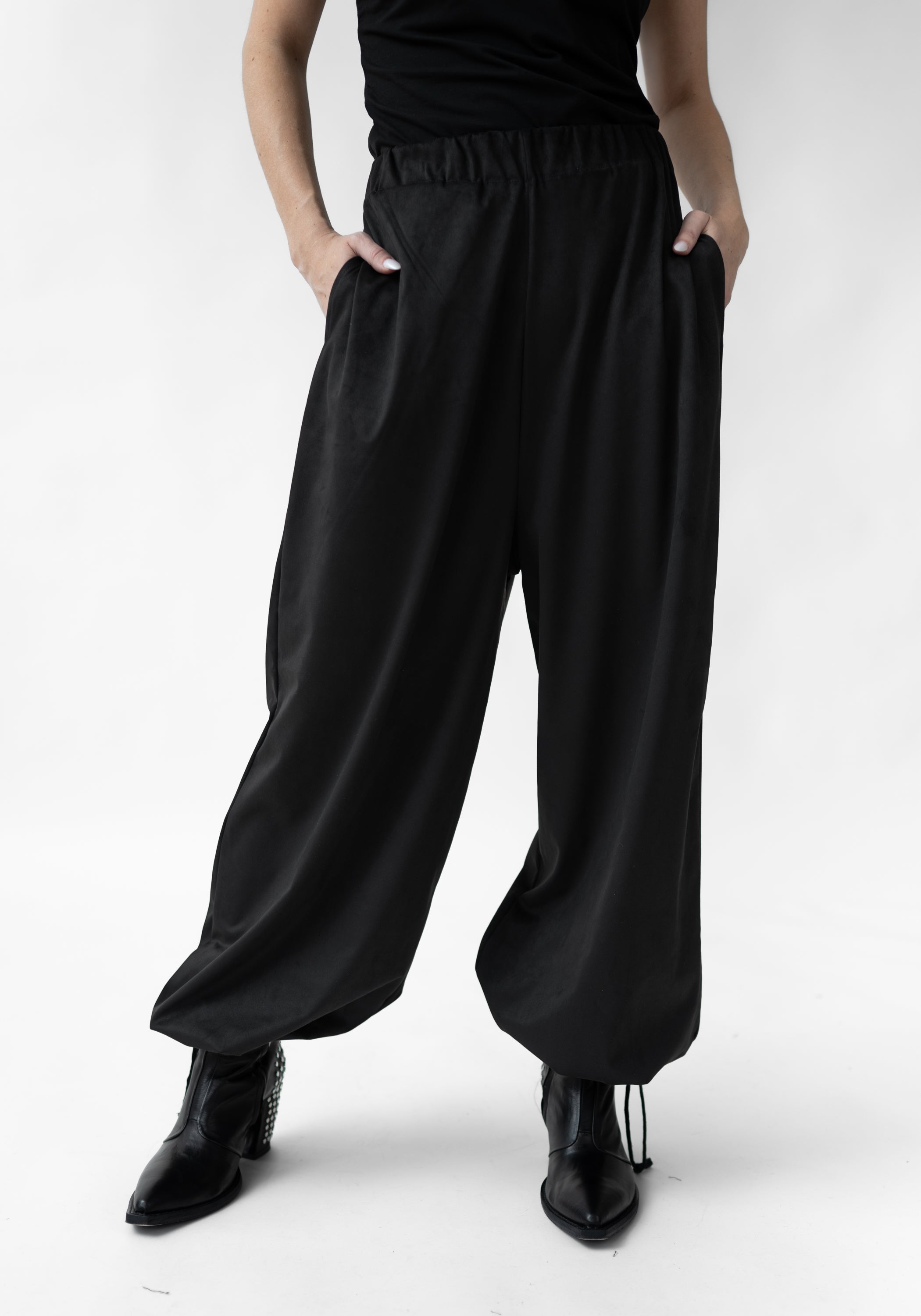 Toggle Detail Faux Suede Drop Seat Pants