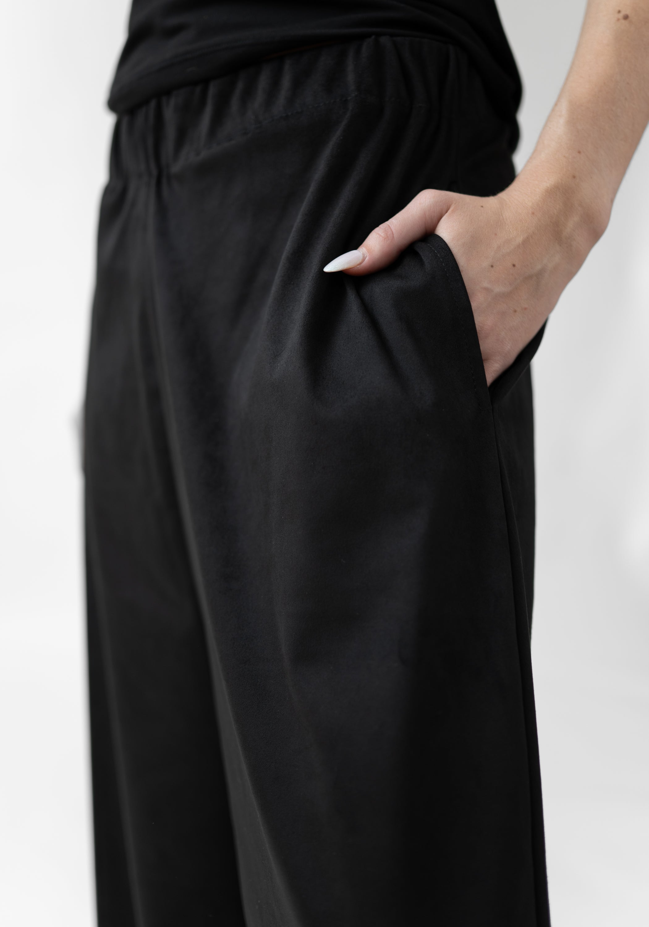 Toggle Detail Faux Suede Drop Seat Pants