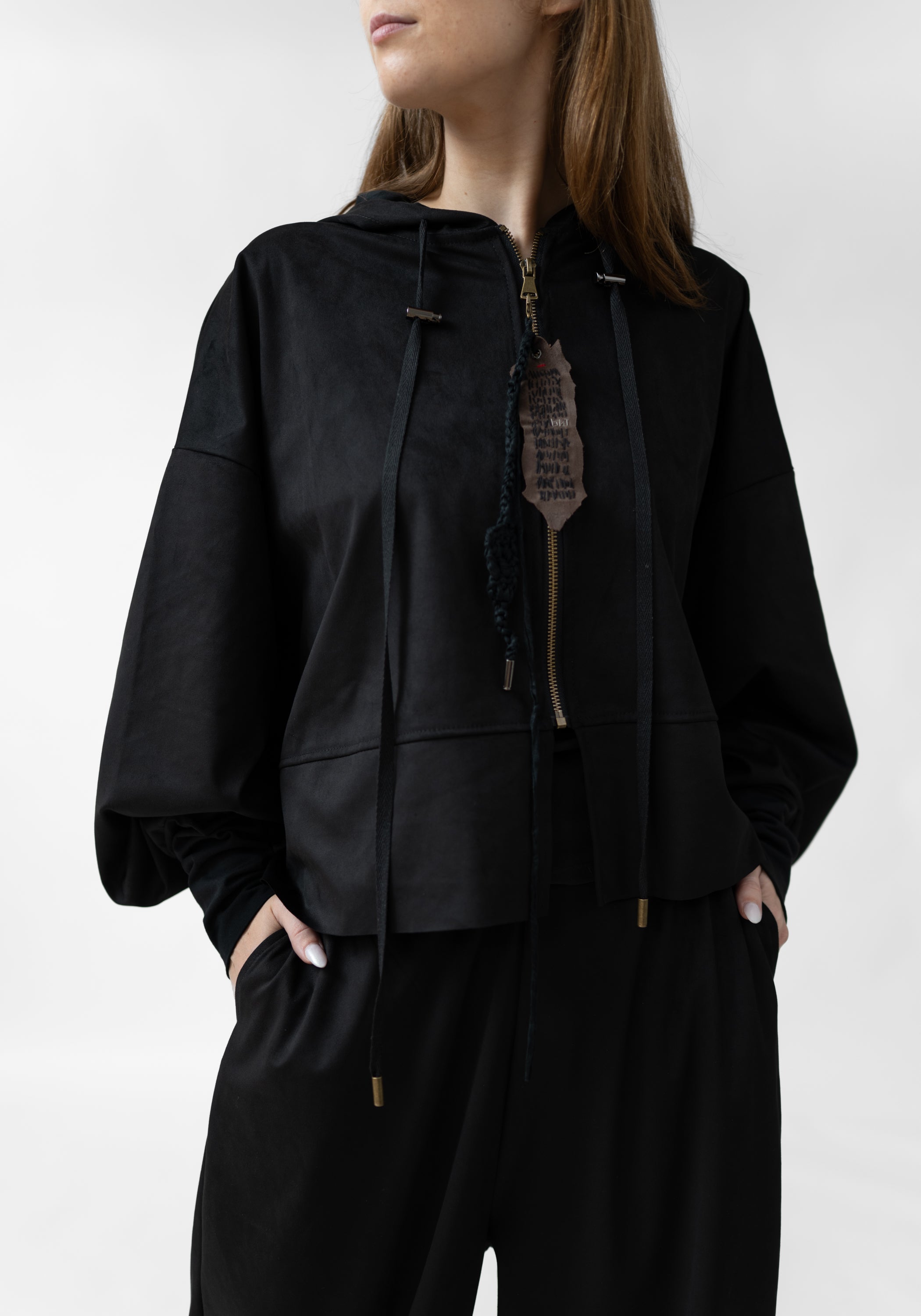 Sun Painted and Embroidered Back Zip Faux Suede Hoodie