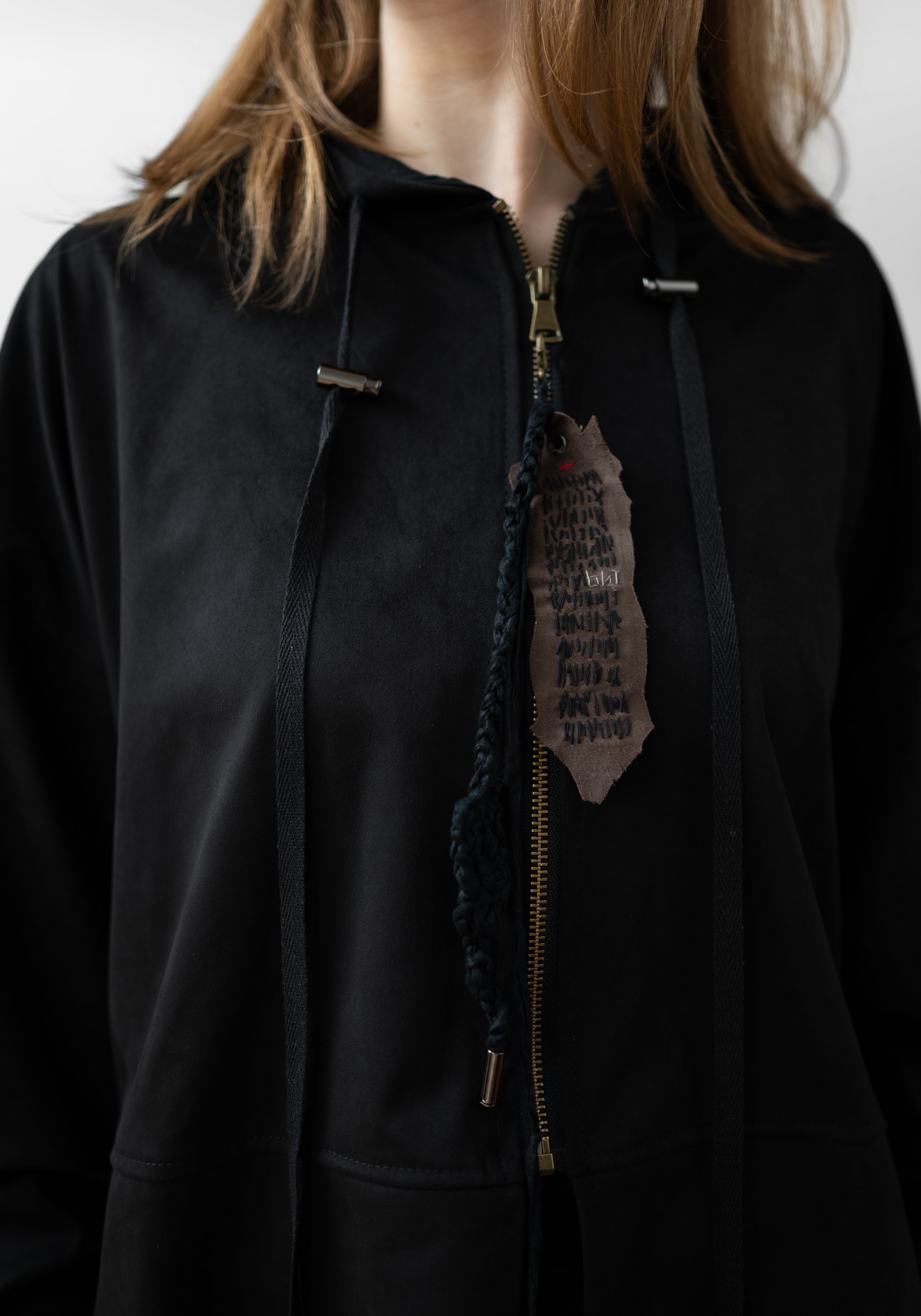 Sun Painted and Embroidered Back Zip Faux Suede Hoodie