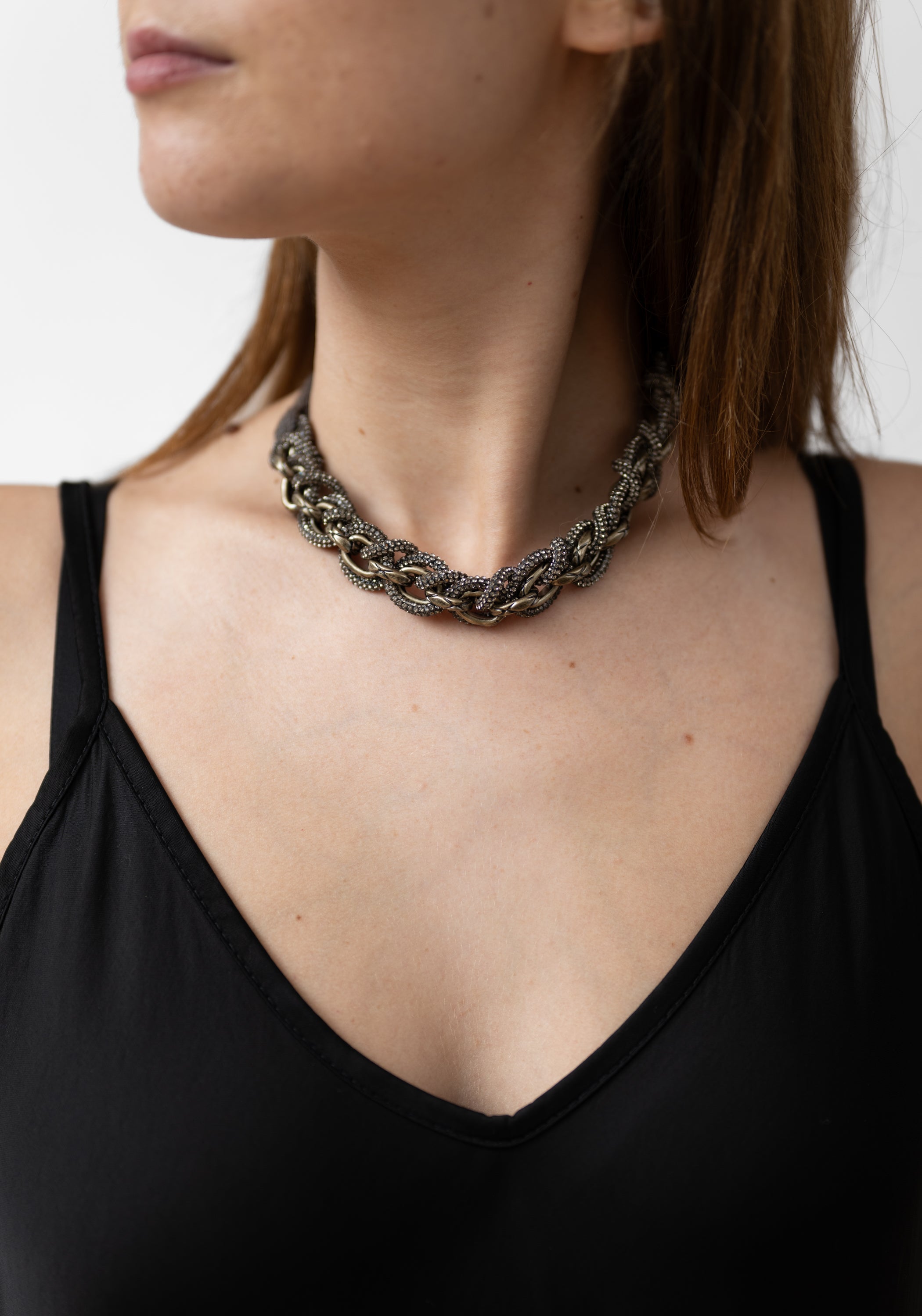 Crystal Studded Mesh and Brass Chain Cashmere Choker