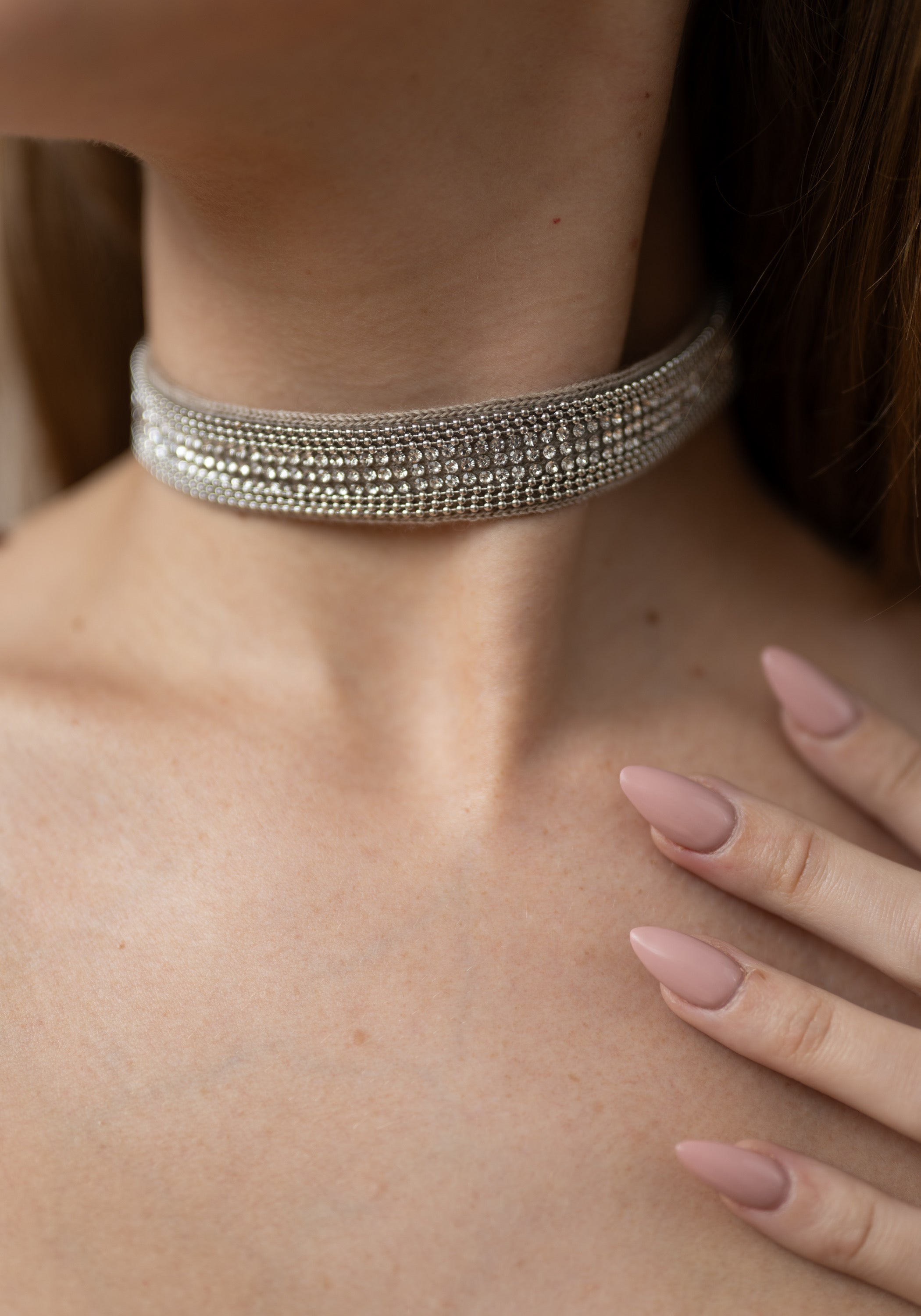 Crystal and Ball Chain Detail Cashmere Choker
