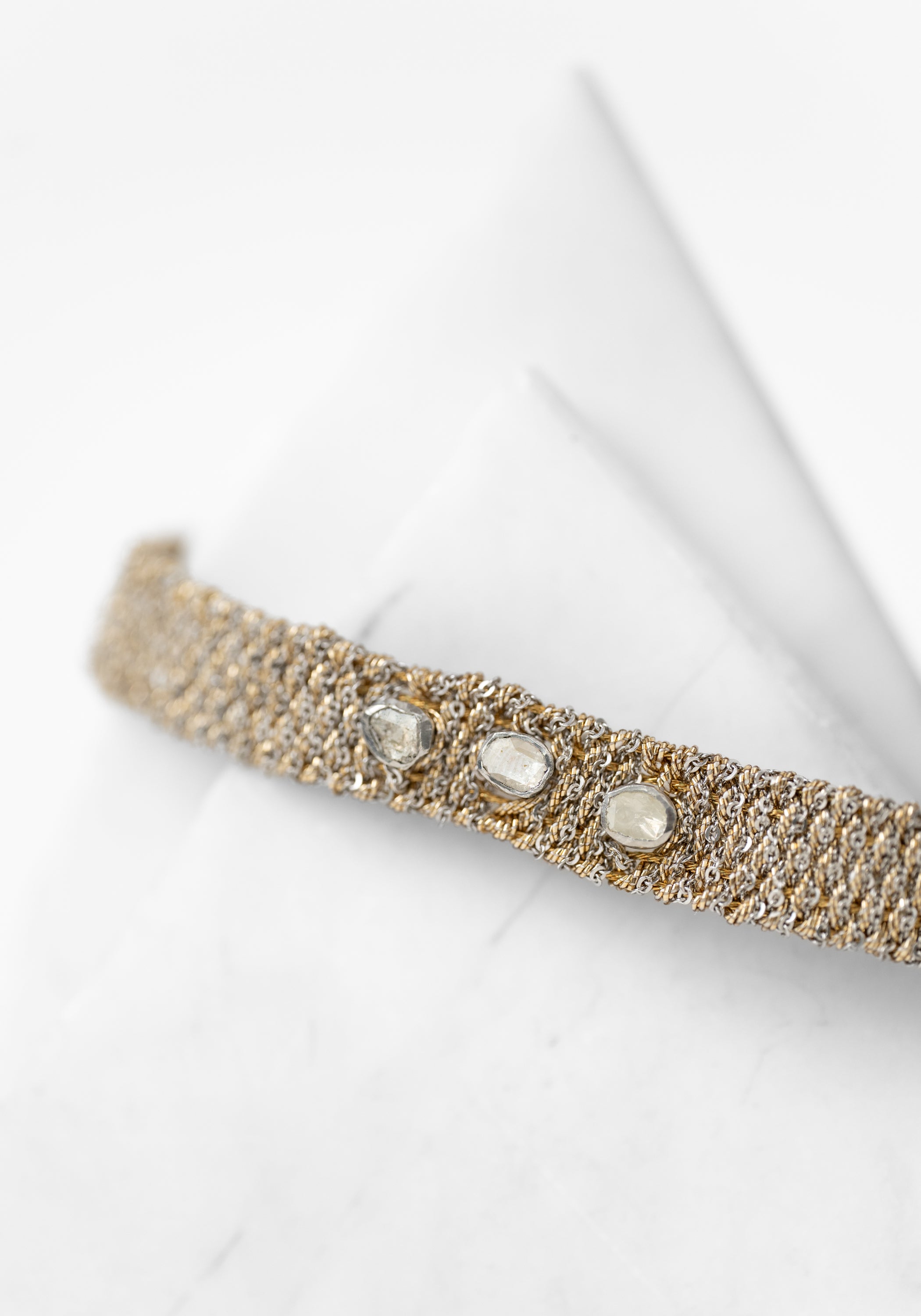 Gold Plated Woven Gold and Silver Tone Polki Diamond Bracelet