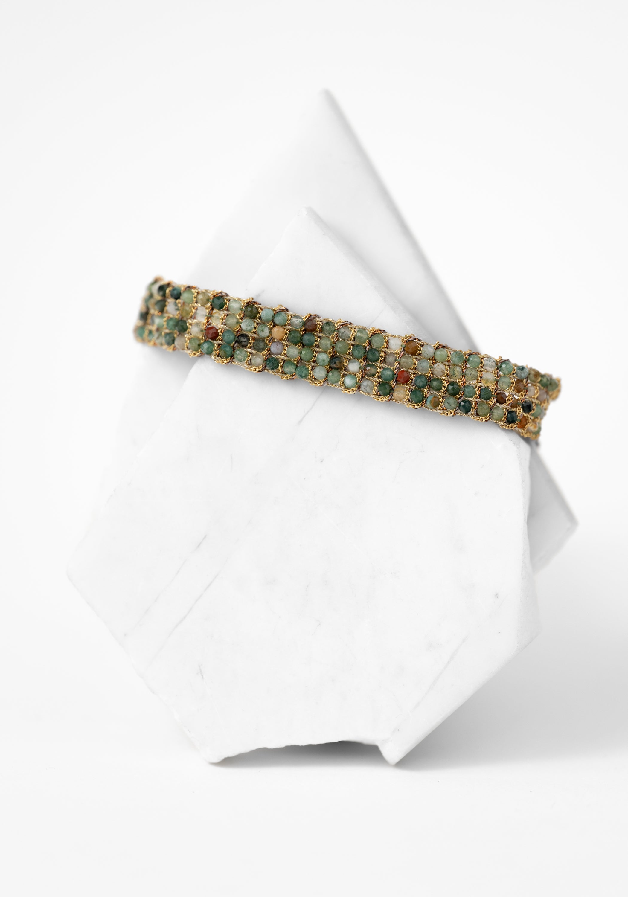 Gold Plated Woven Moss Agate Bracelet