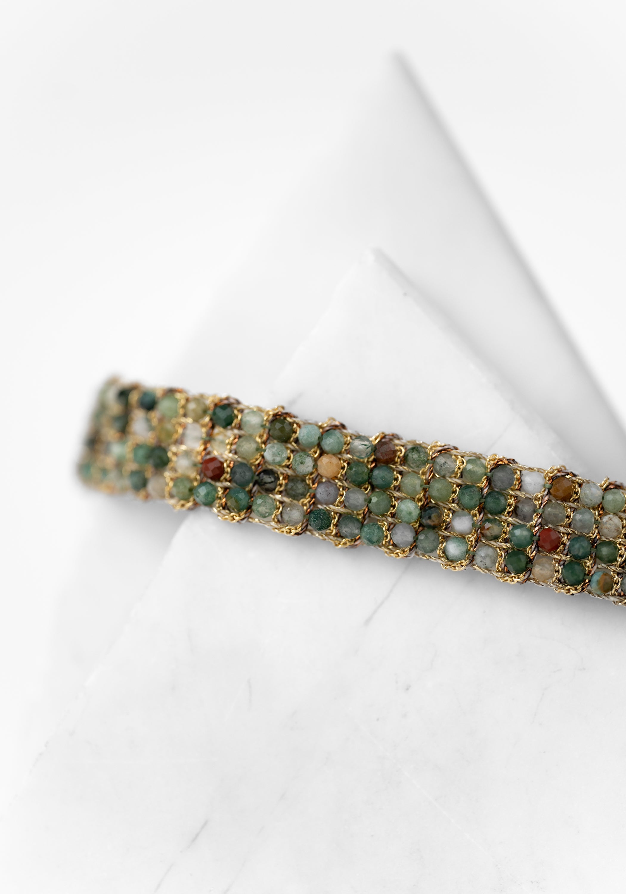 Gold Plated Woven Moss Agate Bracelet