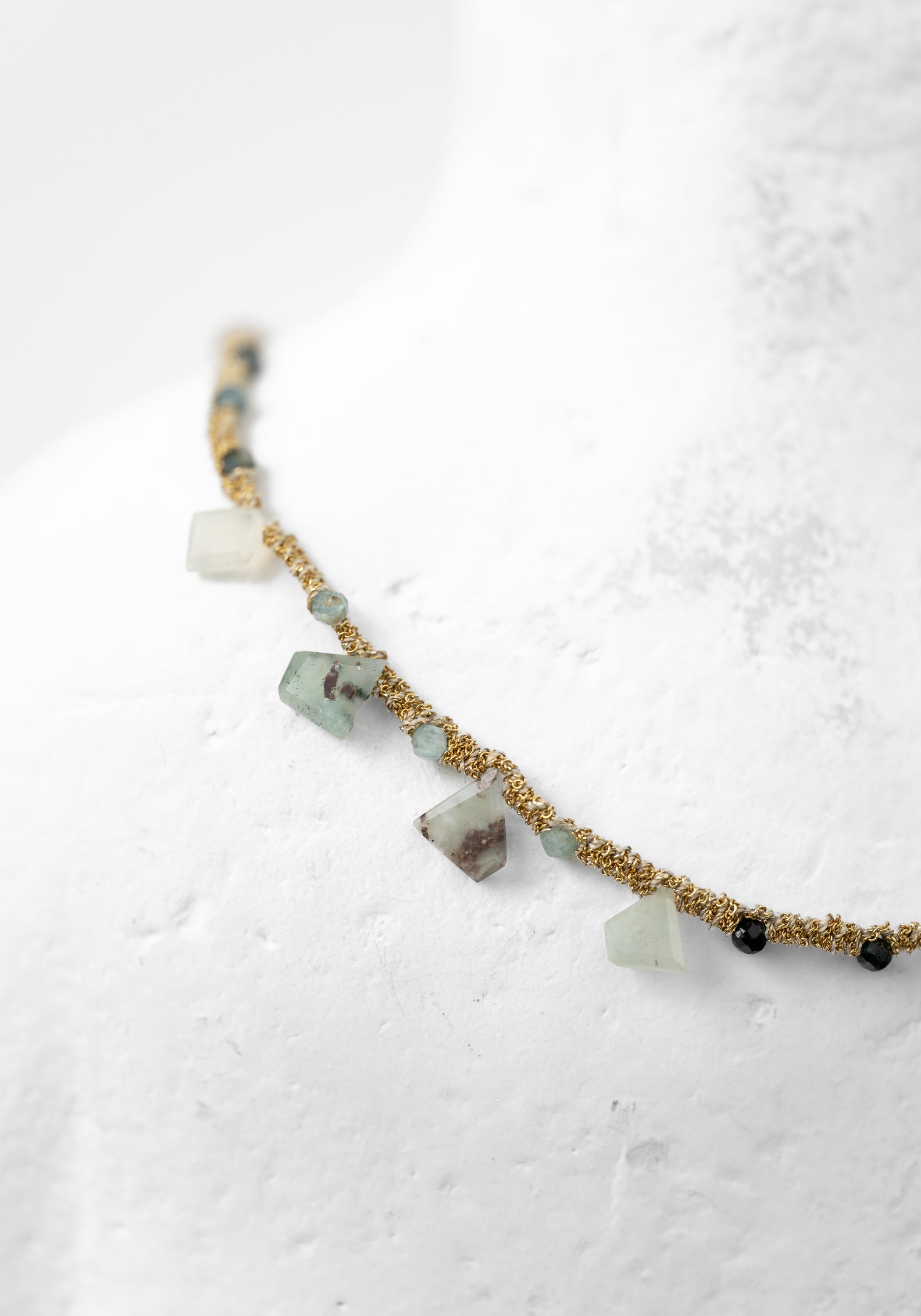 Gold Plated Tourmaline, Kyanite, and Chalcedony Woven Necklace