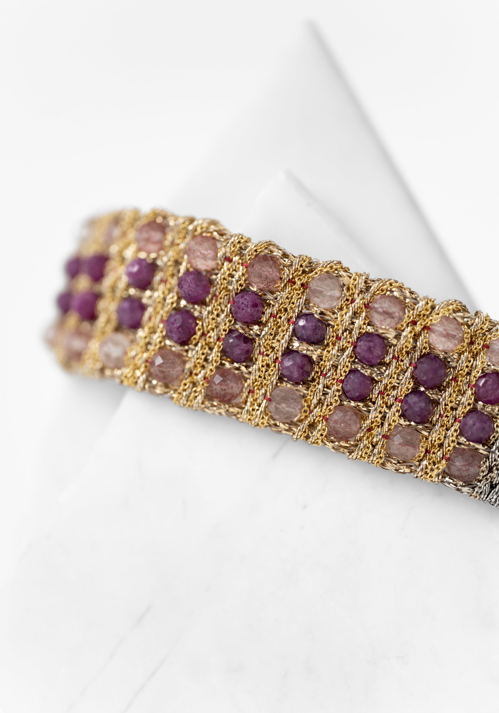 Gold Plated Woven Strawberry Quartz and Pink Tourmaline Bracelet