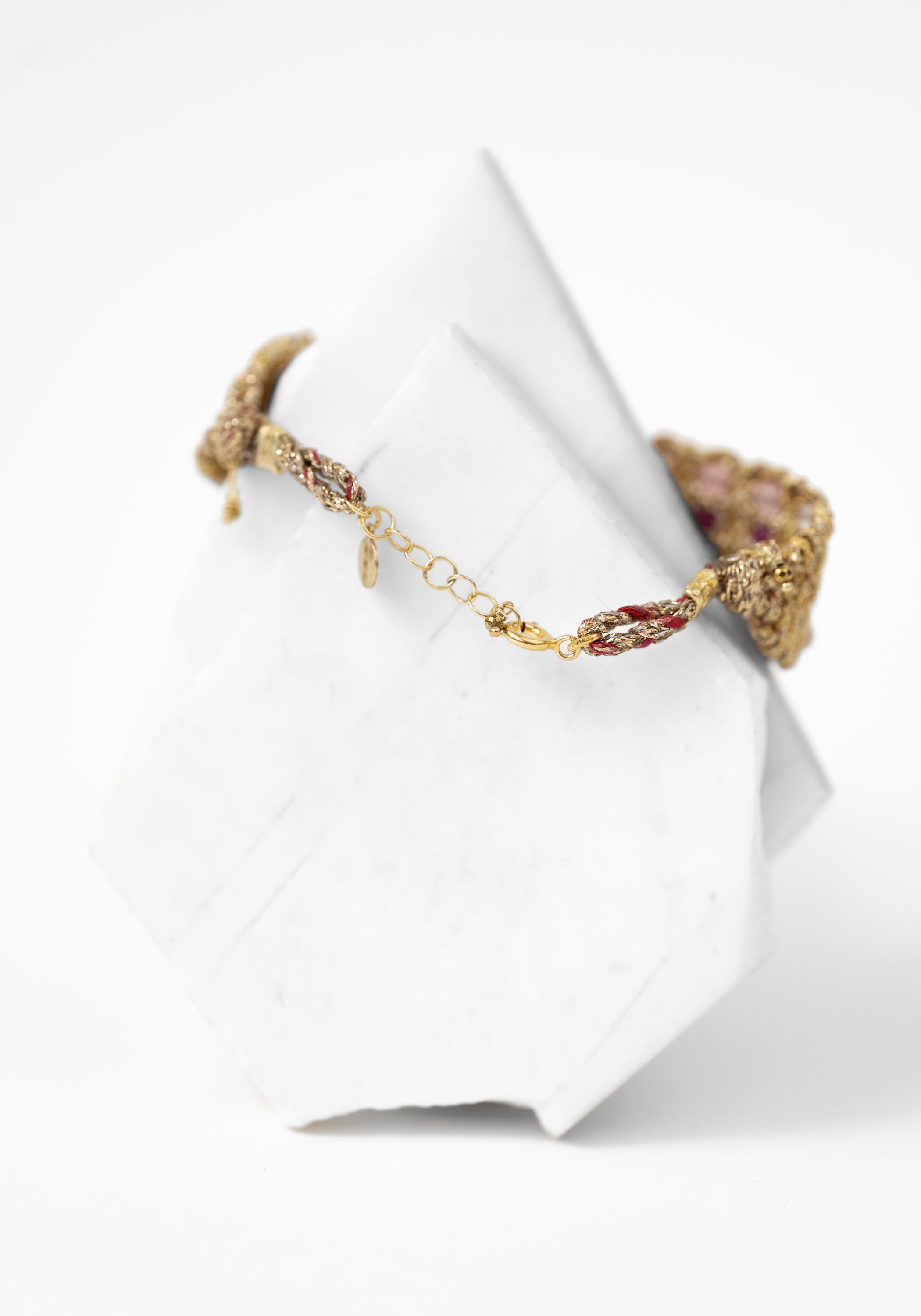 Gold Plated Woven Strawberry Quartz and Pink Tourmaline Bracelet