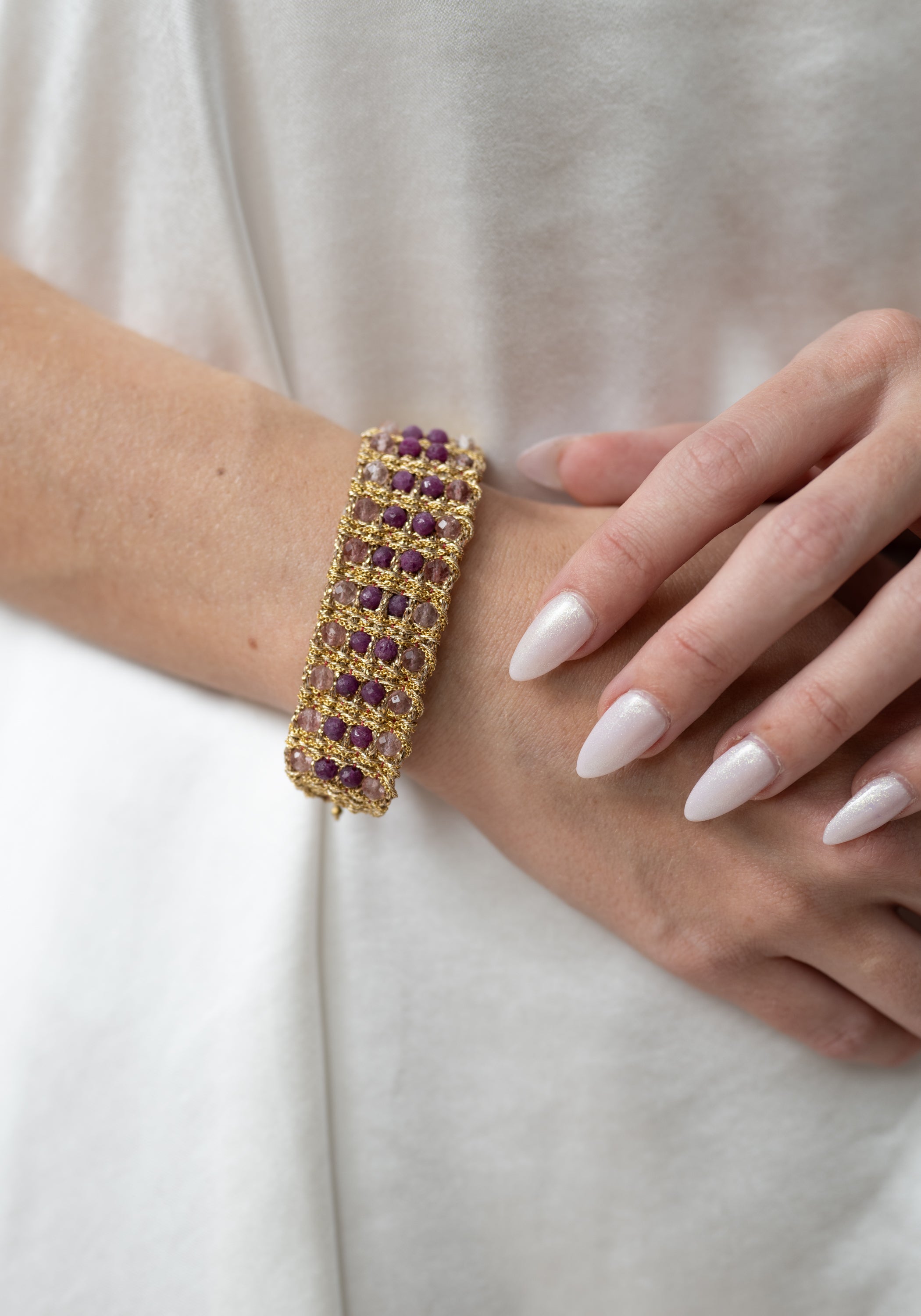 Gold Plated Woven Strawberry Quartz and Pink Tourmaline Bracelet