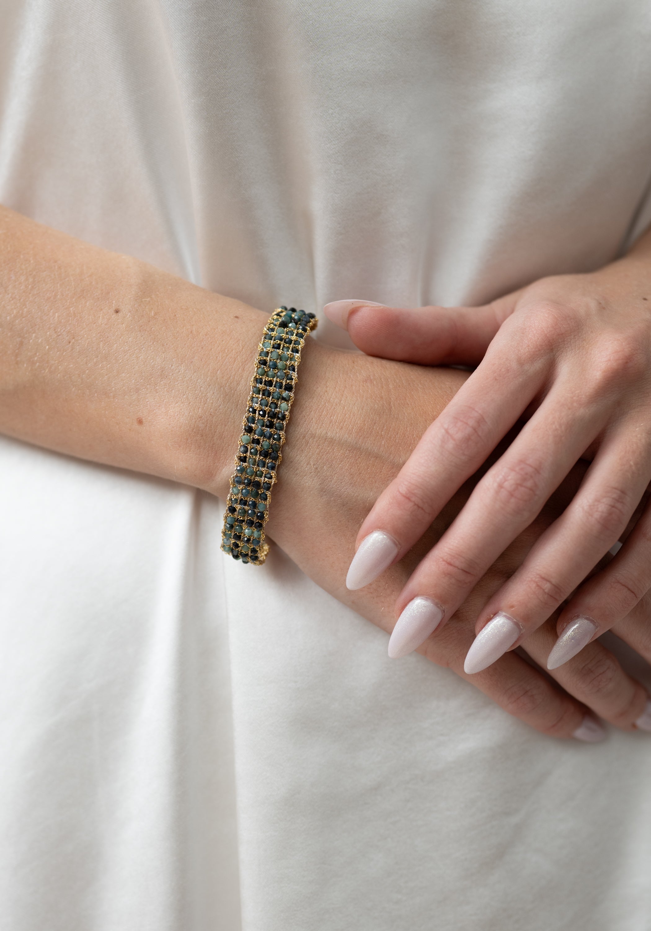 Gold Plated Woven Green Tourmaline Bracelet