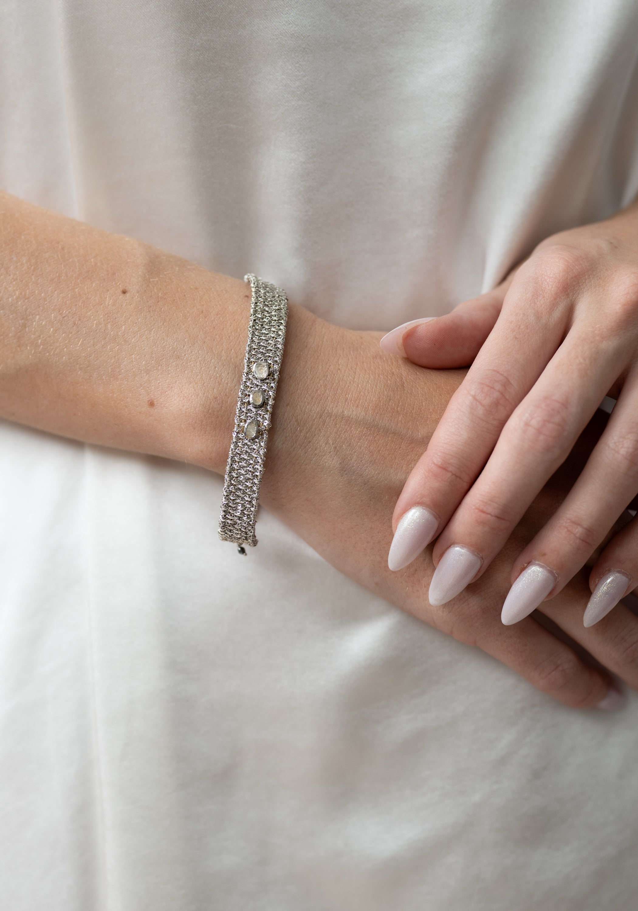 Gold Plated Woven Silver Tone Polki Diamond Bracelet
