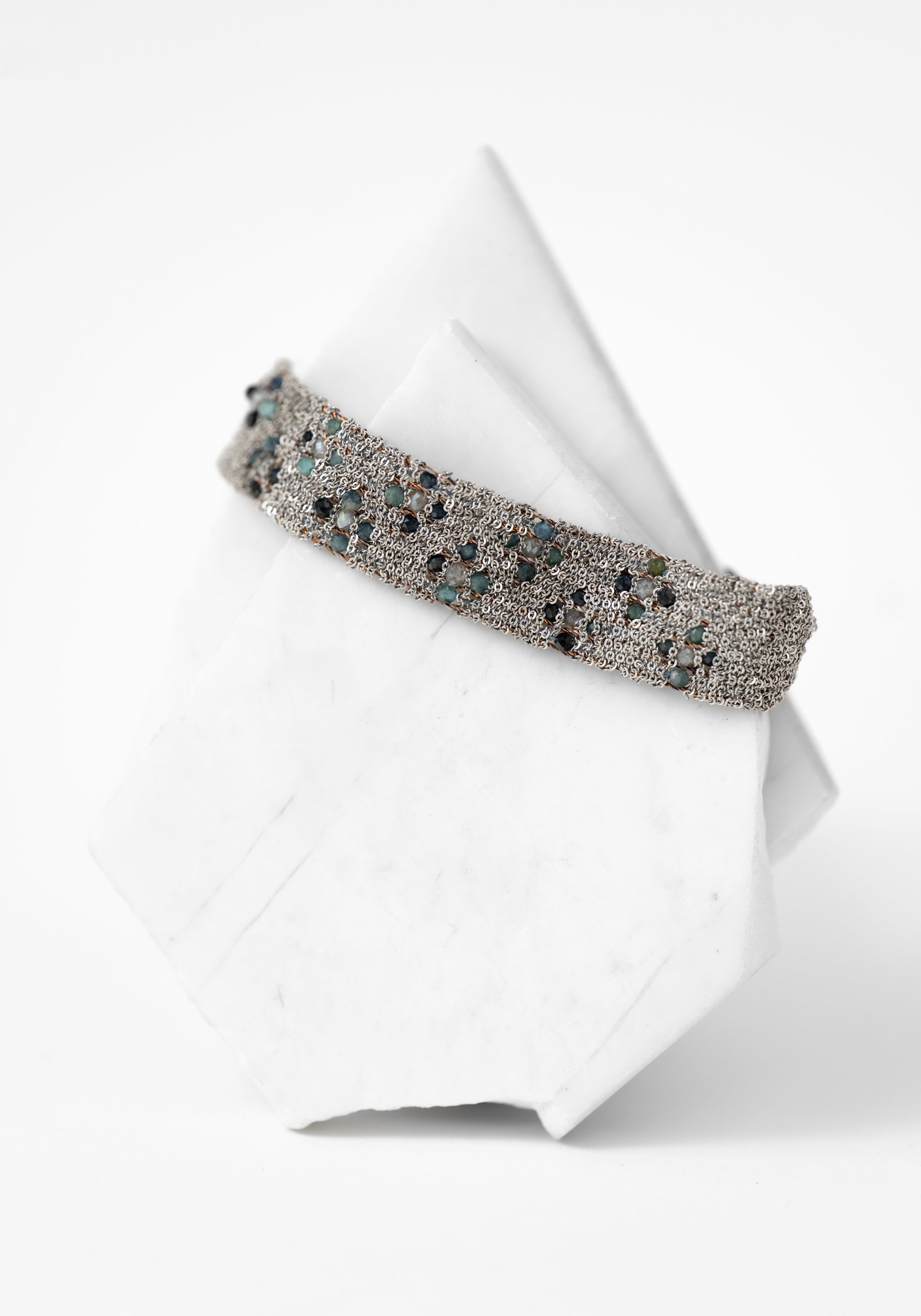 Rhodium Plated Woven Green Tourmaline Bracelet