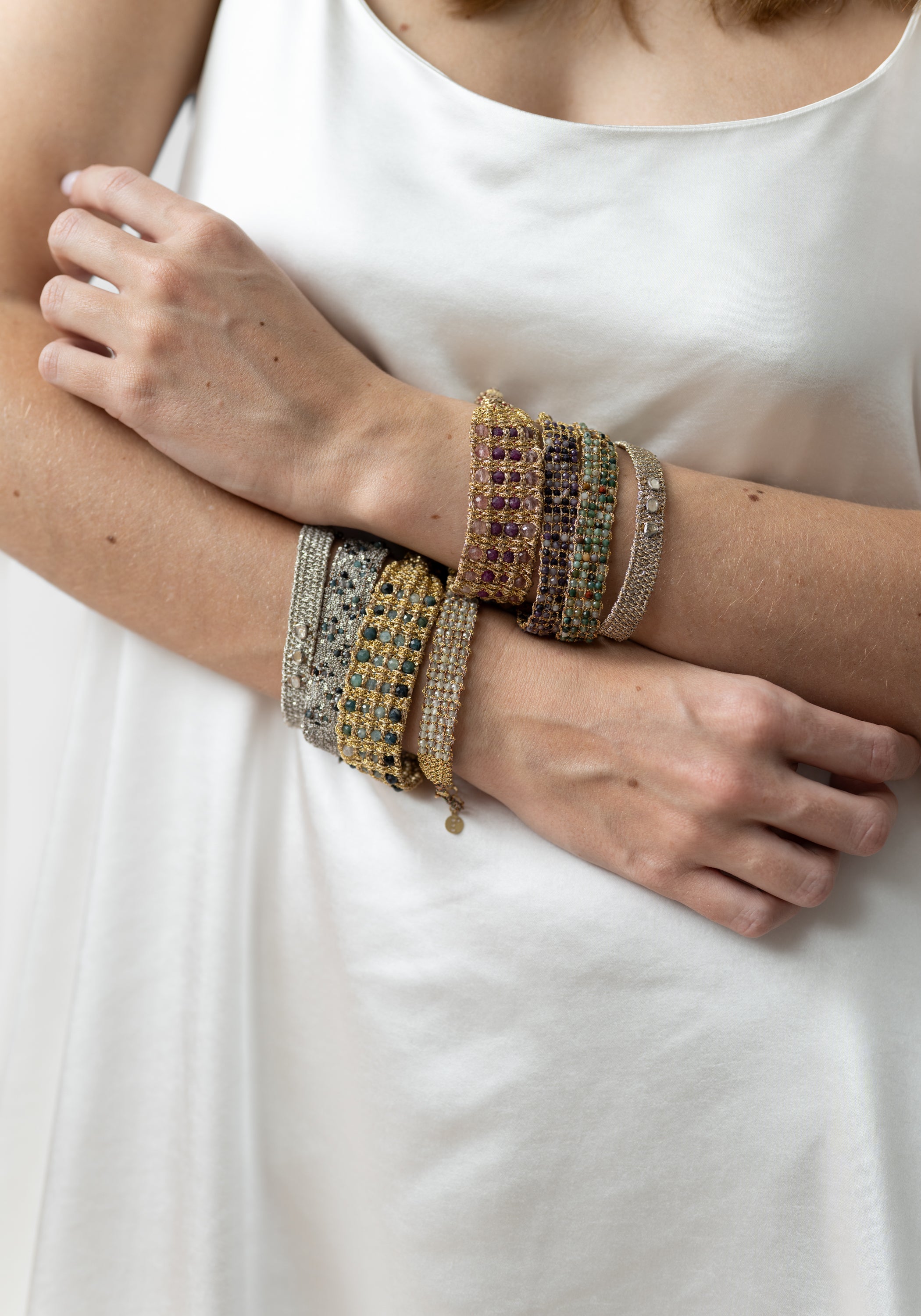 Gold Plated Woven Gold and Silver Tone Polki Diamond Bracelet